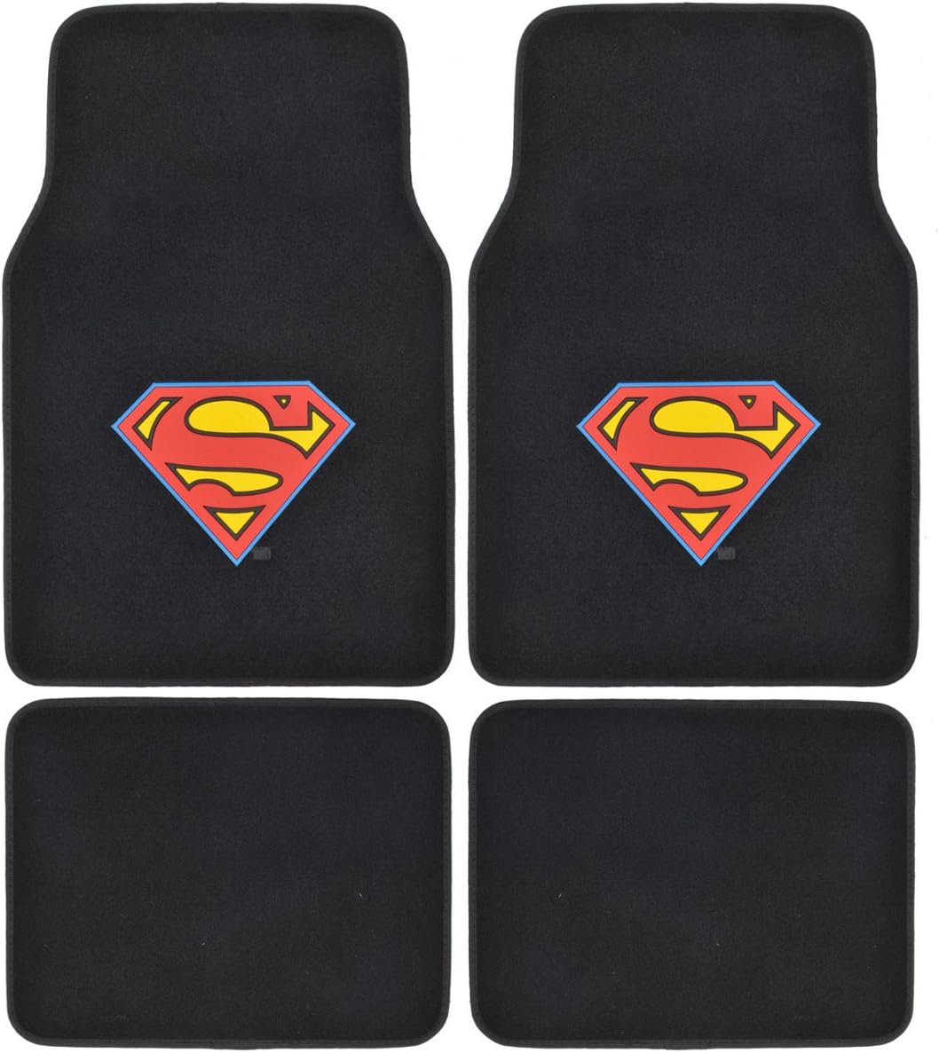 BDK Warner Brothers DC Comics Classic Superman – Tapetes para automóvil, ajuste universal, juego de 4 piezas delanteras y traseras para automóvil,