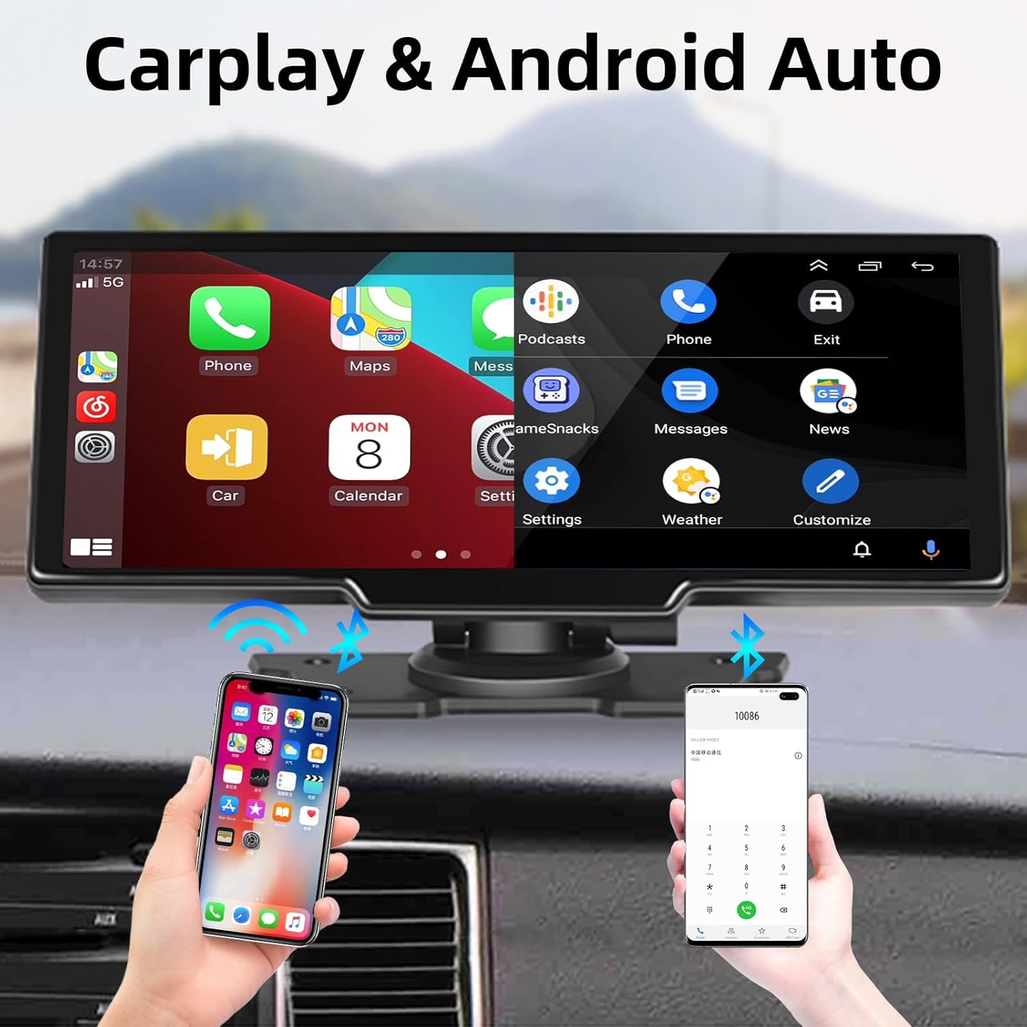 Estéreo de coche inalámbrico portátil Carplay con cámara de tablero de 2.5 K de 9.3 pulgadas, pantalla táctil Android Auto, grabación en bucle
