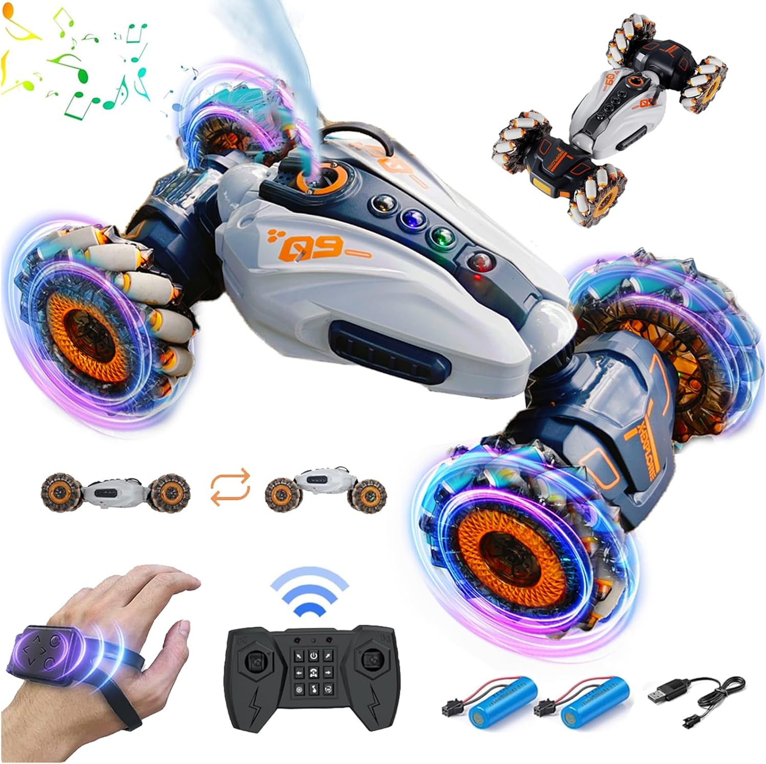 Gesture – Auto de control remoto con aerosol, transformación 4WD 360 gira todo terreno 2.4 GHz juguete con luces de música, autos de acrobacias RC