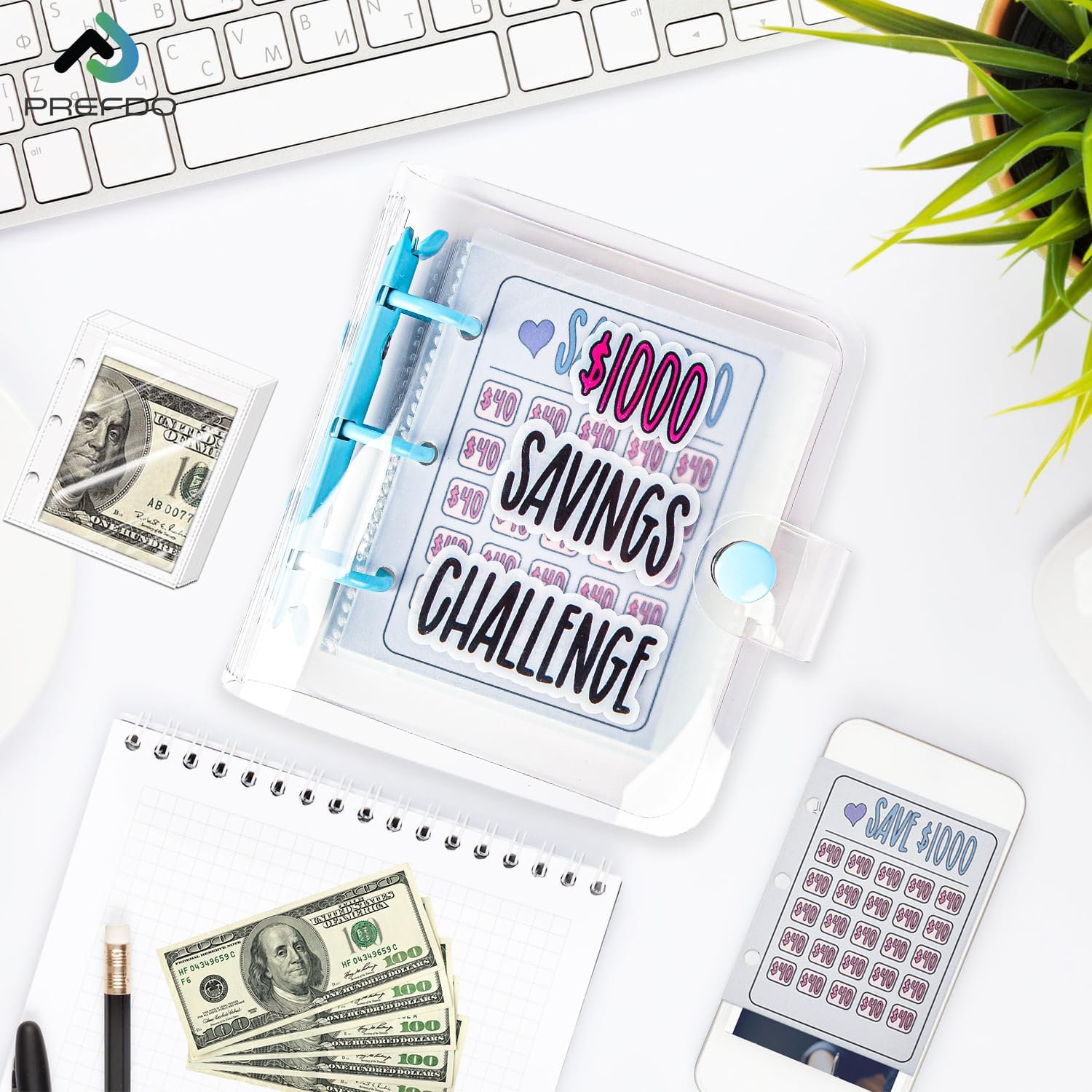 Carpeta de ahorro de 1000 desafíos, carpeta de ahorro de dinero, mini carpeta de presupuesto con sobres para efectivo, manera fácil y divertida de