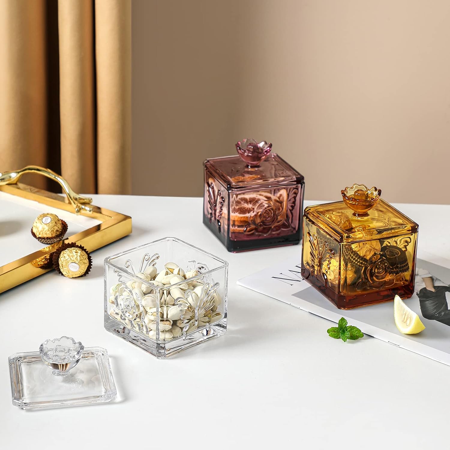 Tarro de cristal en relieve con tapa, juego de 2 joyeros decorativos coloridos, para boda, dulces, bufé, tarro de almacenamiento de cocina, para