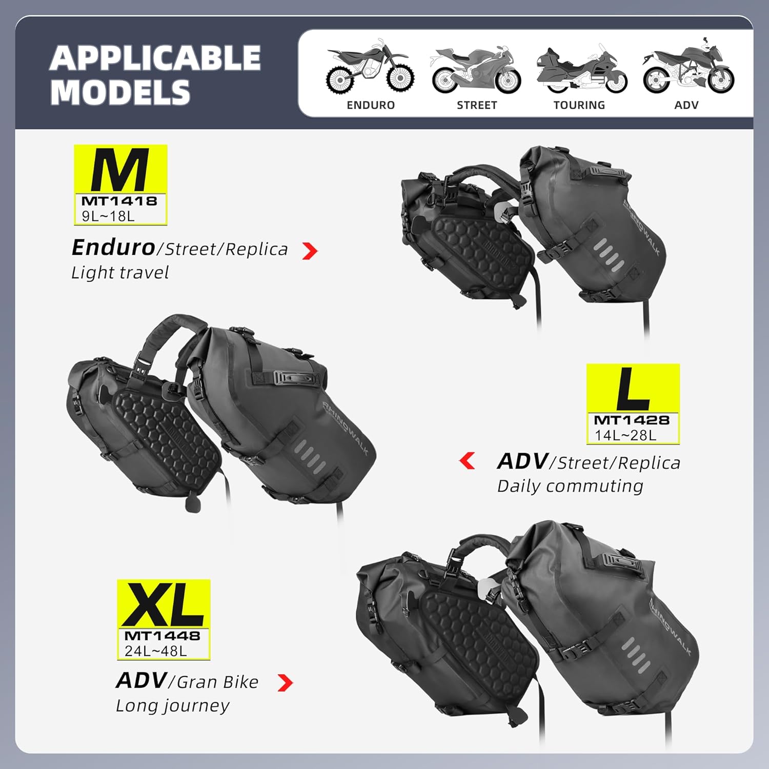 HUNTVP Alforjas impermeables para motocicleta, bolsas laterales para motocicleta, bolsa de almacenamiento universal para motocicleta, 18 L (2 x 9 L)