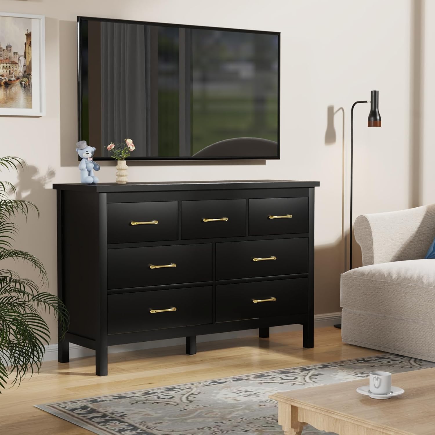 Cómoda negra, cómoda de 7 cajones con asas de metal doradas, baúl de almacenamiento de madera, cómoda moderna para dormitorio