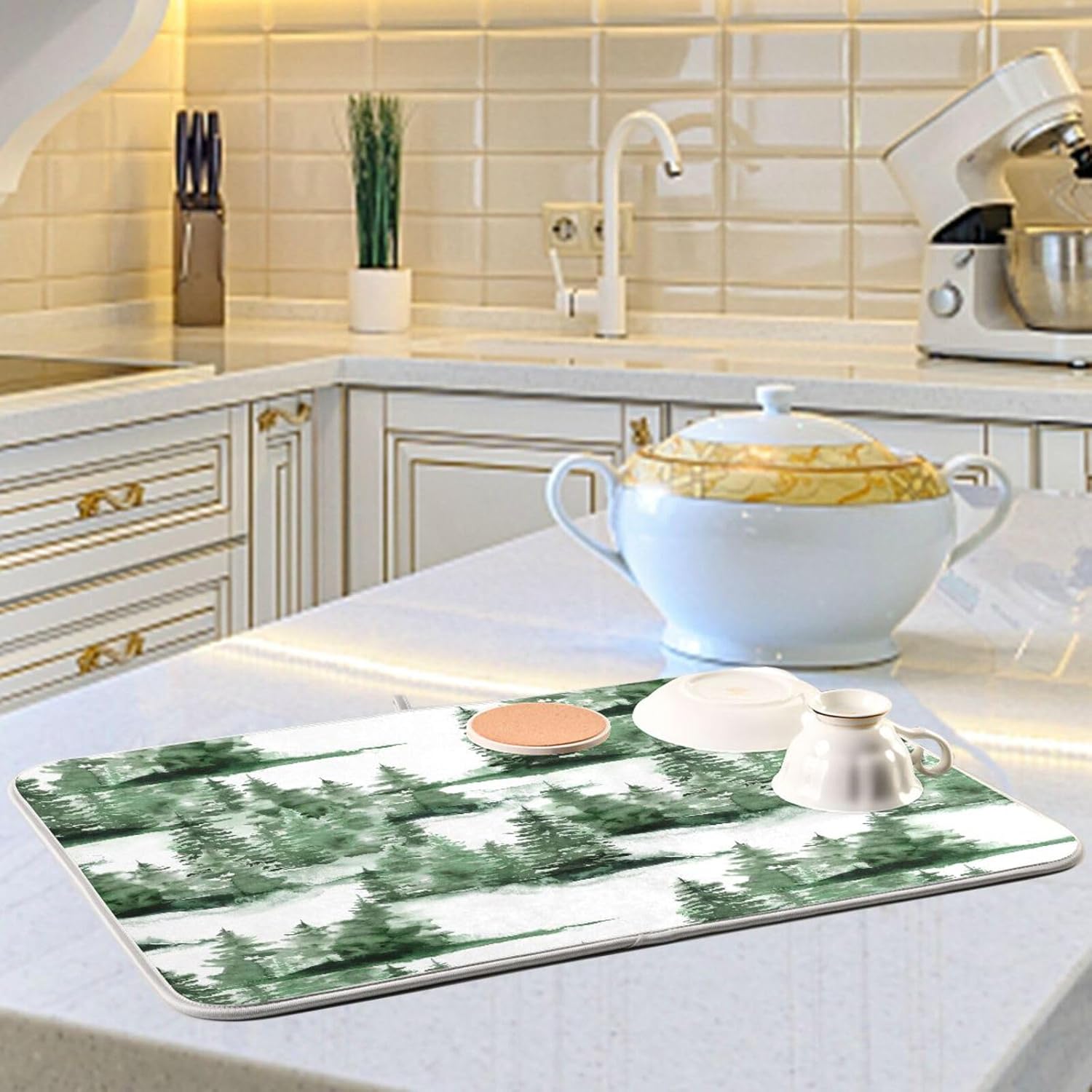 Winter Green Dish Drying Mat Washnable Absorbent Kitchen Countertop Mat Drying Matts For Dishes Tapete Para Cocina 16” x 18”