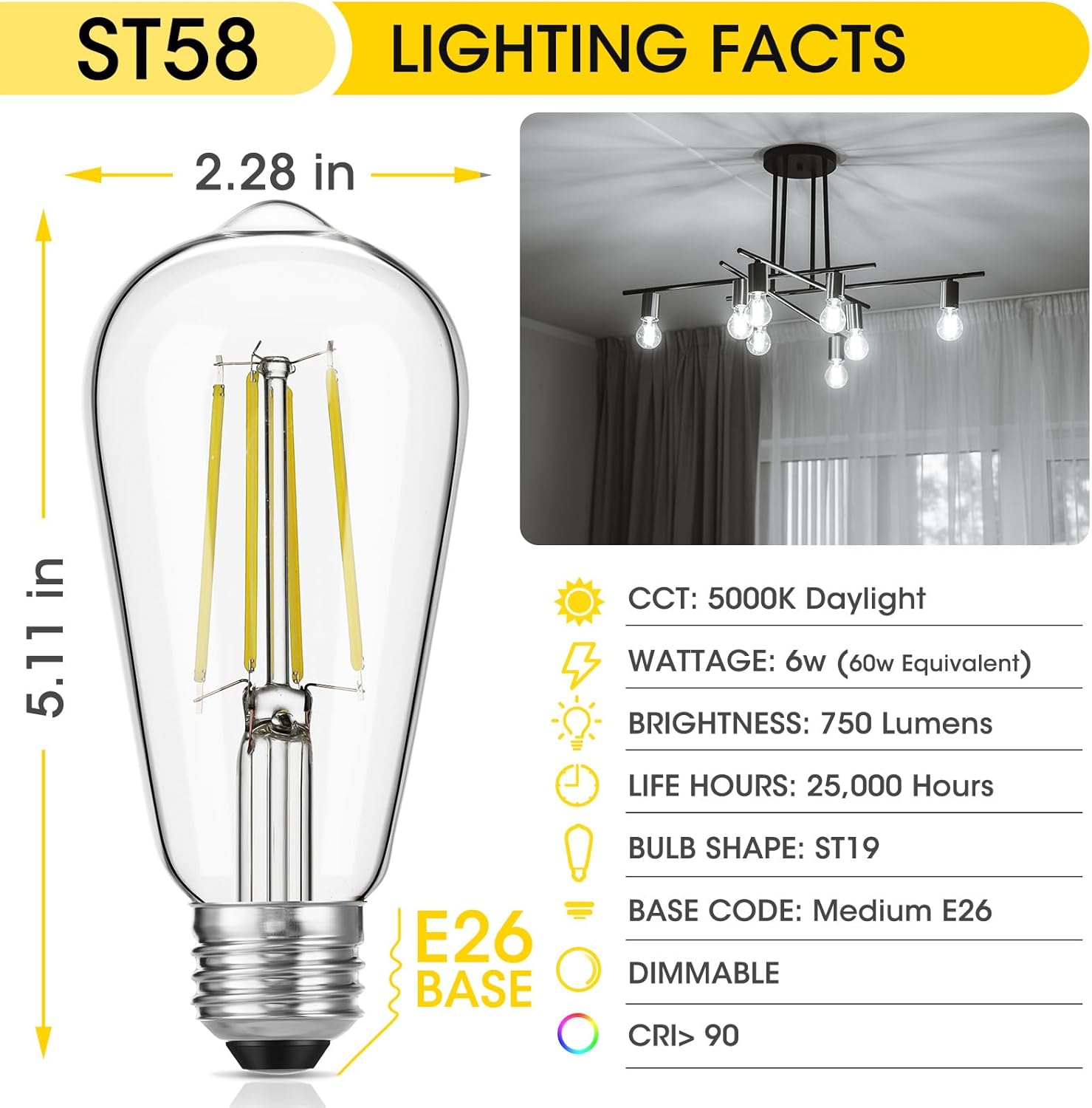 Gozelux Bombillas LED Edison vintage, 6 W, equivalente a 60 W, luz diurna de alto brillo 5000 K, bombillas de filamento LED antiguas ST58 con 90+