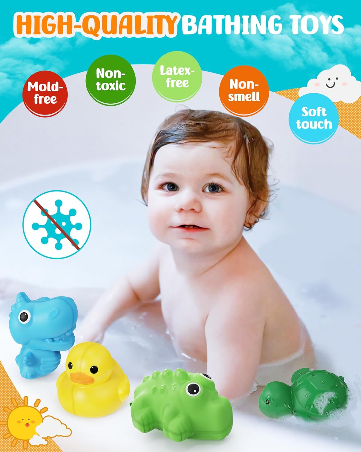 Juguetes de baño para bebés de 6, 12 y 18 meses, juguetes de baño con forma de animal, juguetes de baño de silicona suave, esenciales para el baño