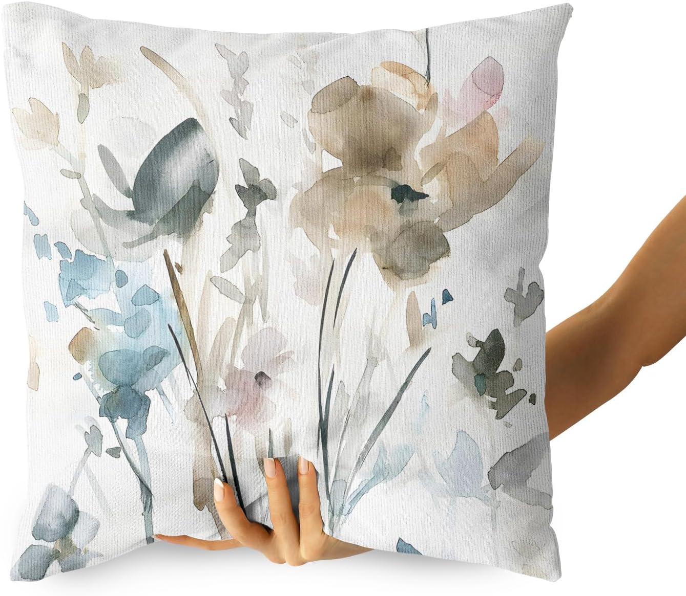 Juego de 2 fundas de almohada florales de color marrón, crema, gris, verde azulado, para sofá de flores en acuarela de 22 x 22 pulgadas, fundas de
