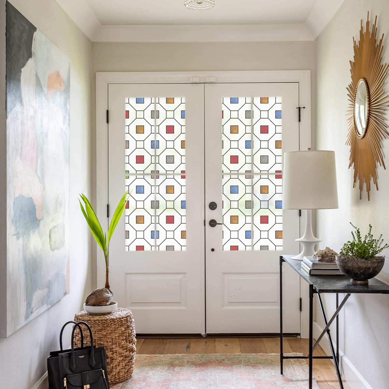 DKTIE Película decorativa con patrón geométrico moderno para ventana, sala de estar, balcón, puerta, dormitorio, baño, ventana, película esmerilada,