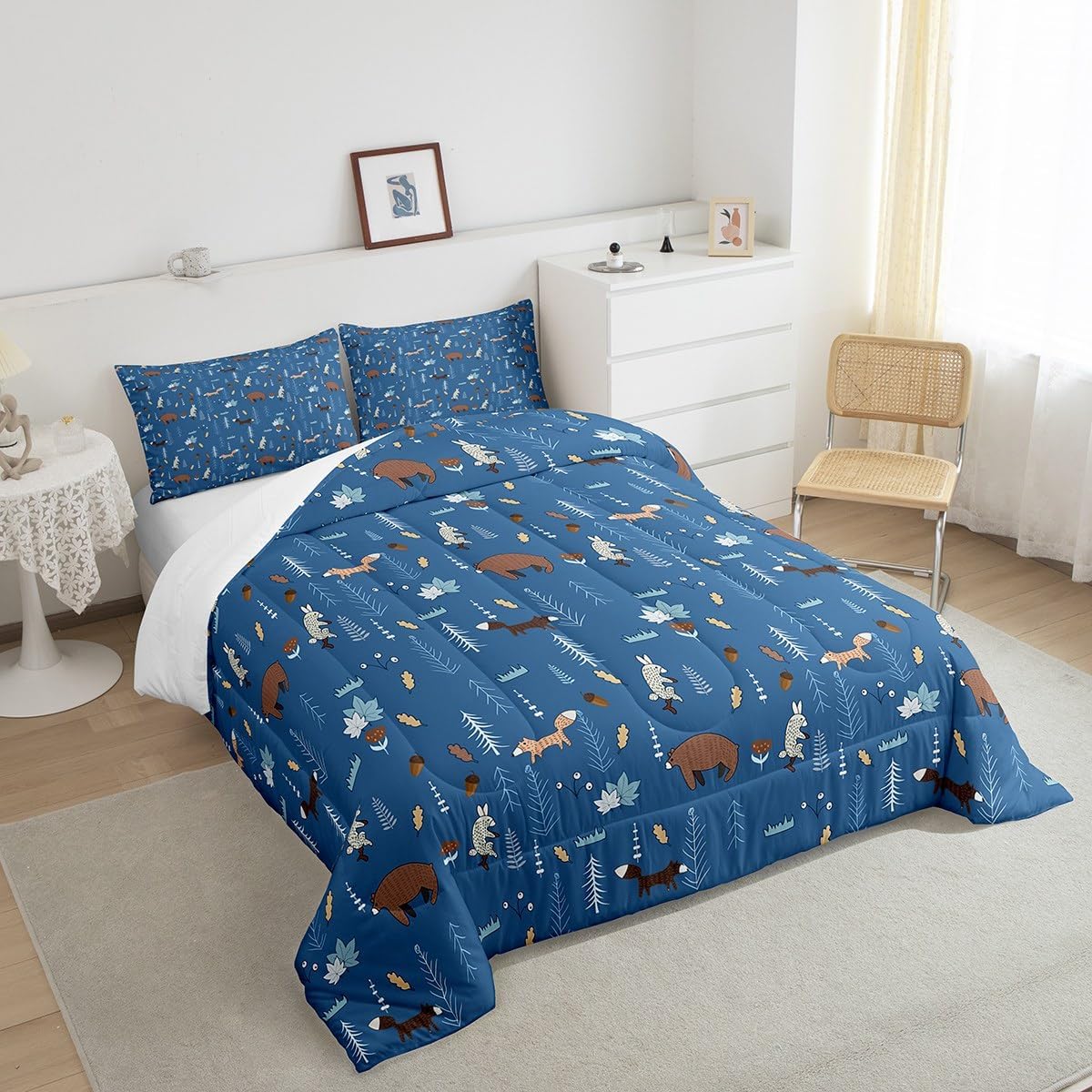 Juego de edredón de oso tamaño individual, juego de ropa de cama de animales de dibujos animados azul marino para niños, lindo juego de edredón de