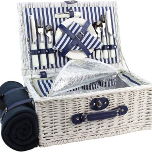 Cesta de picnic de sauce para 4 personas, juego de cestas de mimbre grandes con compartimento térmico grande, manta de forro polar con respaldo Cesta de picnic de sauce para 4 personas, juego de cestas de mimbre grandes con compartimento térmico grande, manta de forro polar con respaldo