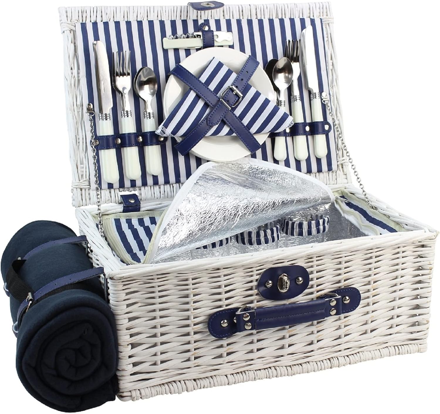 Cesta de picnic de sauce para 4 personas, juego de cestas de mimbre grandes con compartimento térmico grande, manta de forro polar con respaldo