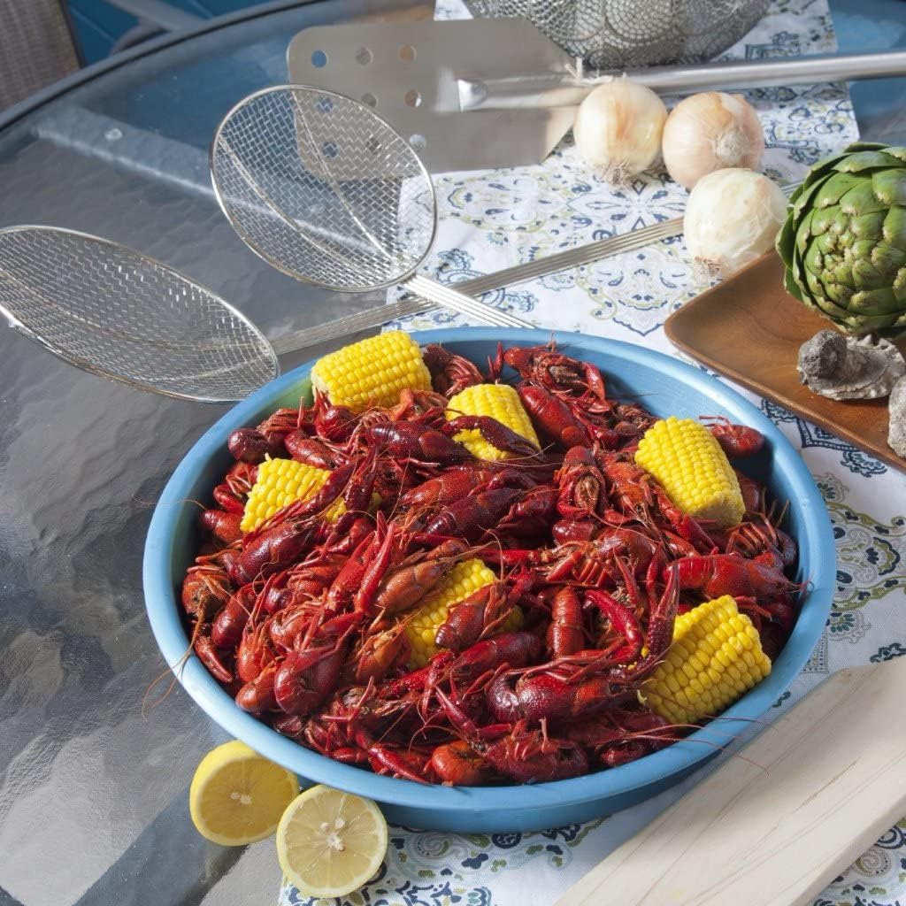 Bayou Classic 1020 – Bandeja de servir de aluminio anodizado azul de 14 pulgadas, juego de 4 piezas, perfecto para cangrejos y mariscos, hervidores,