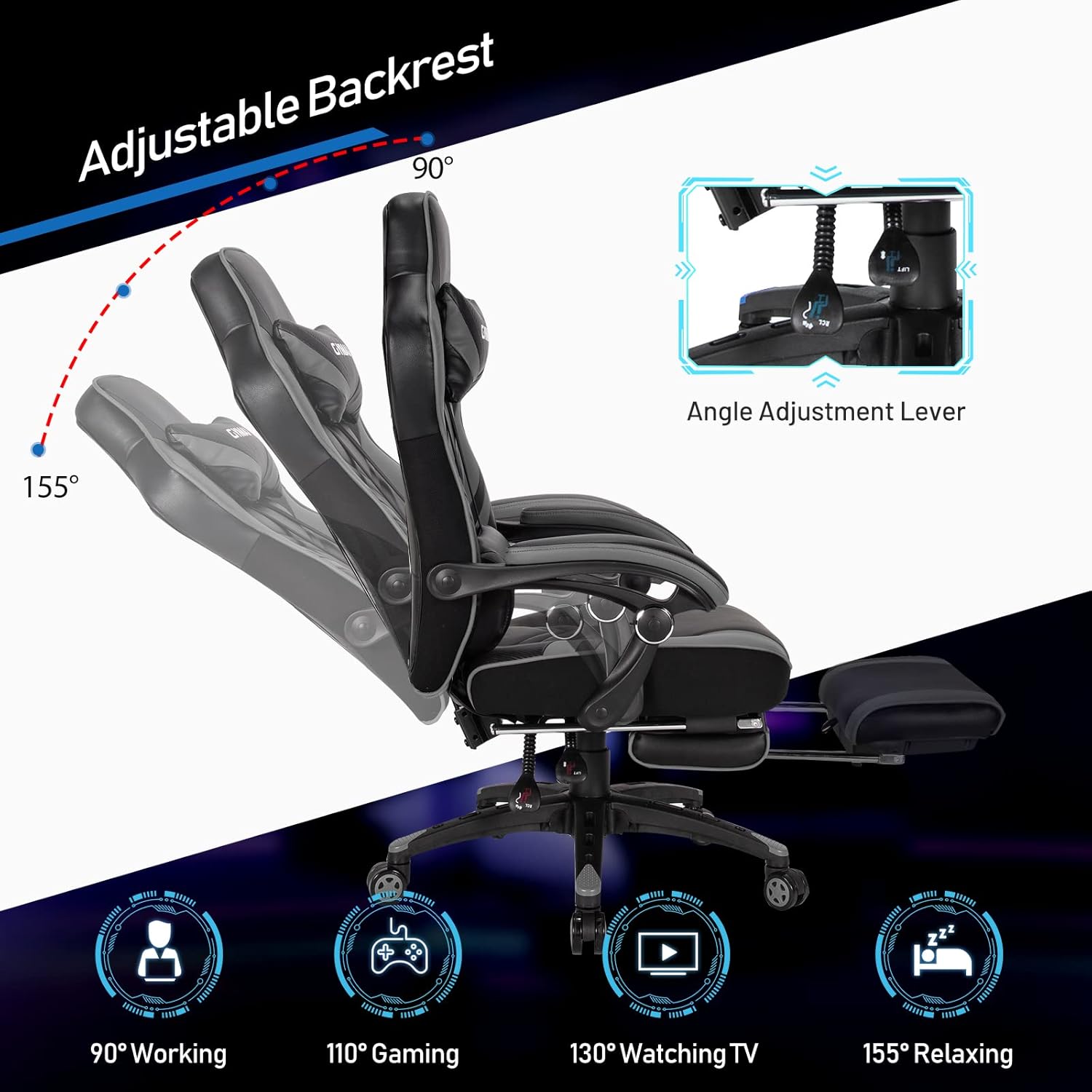 POWERSTONE Silla para videojuegos, silla de videojuegos con reposapiés y soporte lumbar, estilo carreras, silla de computadora de piel sintética,