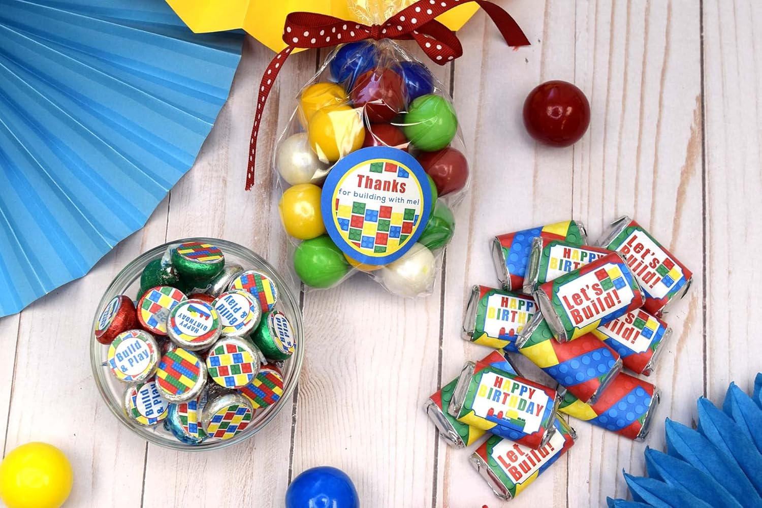 Kit de calcomanías para fiesta de cumpleaños de bloques de construcción y ladrillos, 429 piezas. Incluye 60 calcomanías circulares de 2 pulgadas