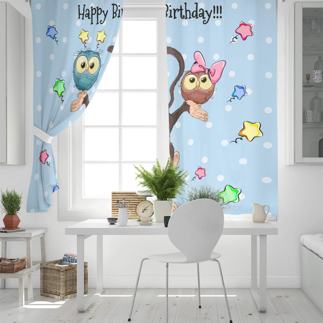 FortuneHouse Blackout Curtains Thermal Insulated Birthday Blessing Cute Monkey Owls Stars Solid Pattern Metal Grommet Elegant Room Drapes Window