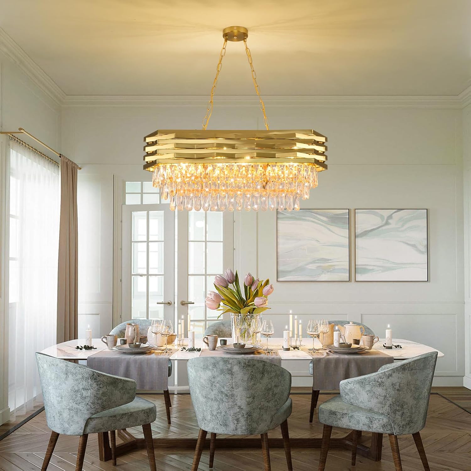 Gold Modern Crystal Chandeliers for Dining Room 8-Light Gold Chandelier Living Room Dining Room Chandelier Oval Ceiling Hanging Light Pendant Light