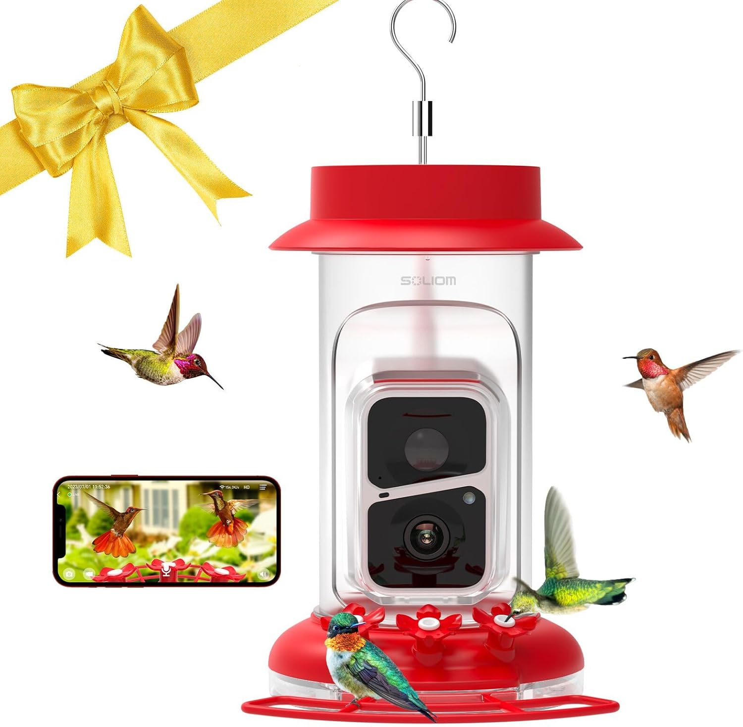 Soliom Humbirdy-La cámara original de comedero de colibríes con foso de hormigas, a prueba de abejas, identificación de especies de aves, cámara de