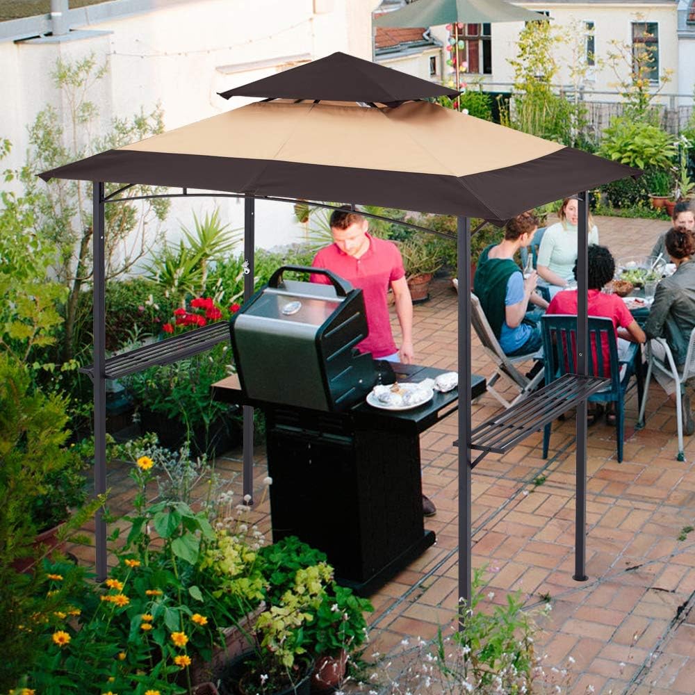 MASTERCANOPY Gazebo de parrilla de 8 x 5 pulgadas, toldo para barbacoa al aire libre con 2 luces LED (costura marrón caqui)