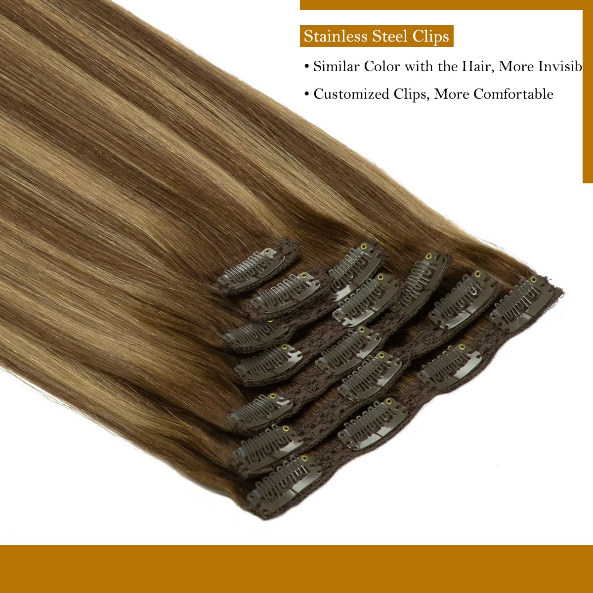 Loxxy Extensiones de cabello humano ombré marrón chocolate a rubio caramelo, gruesas, sedosas, lacias, con clip de doble trama, extensiones de