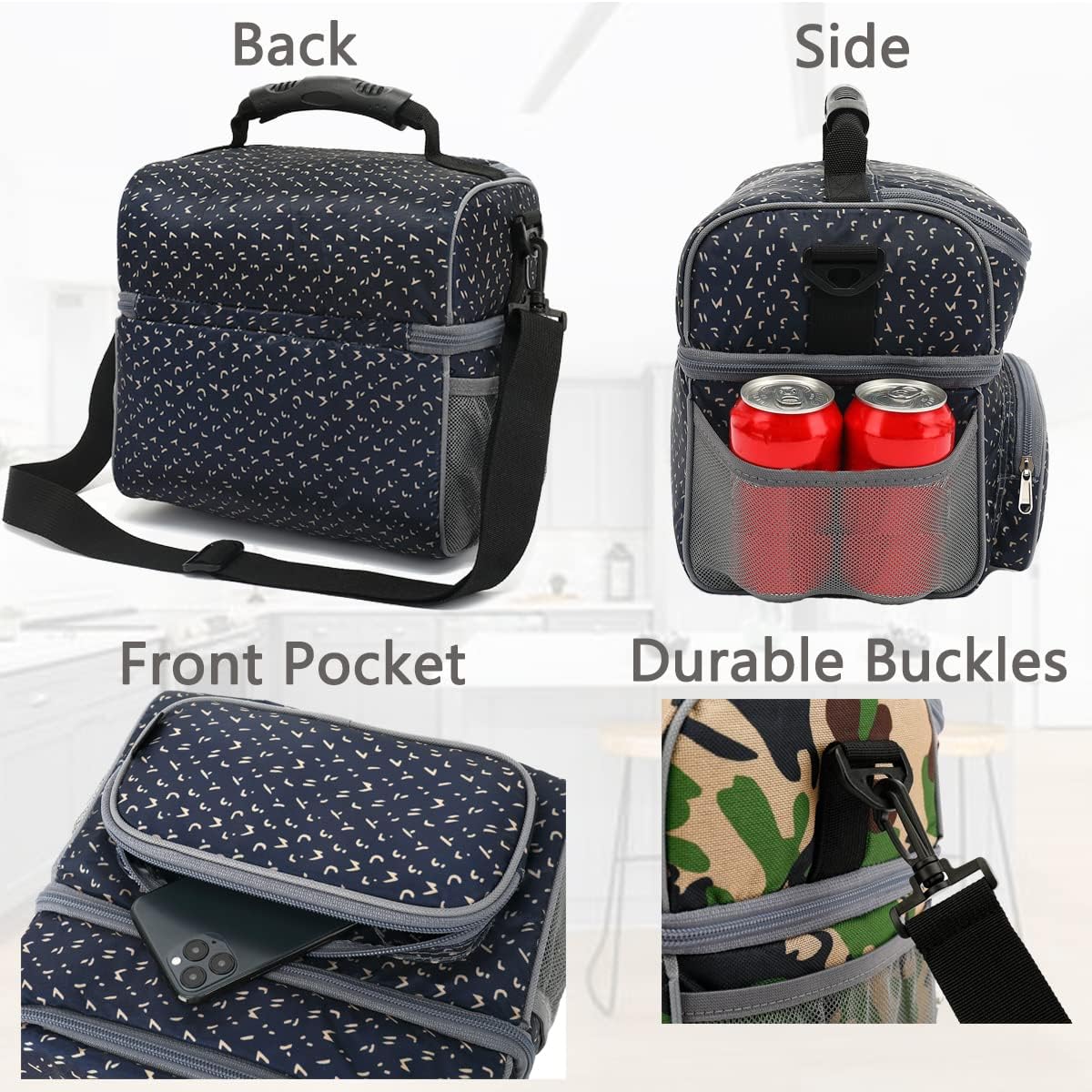 FlowFly Lonchera térmica de doble capa para adultos, bolsa grande para hombres y mujeres, con correa ajustable, bolsillo frontal y bolsillos