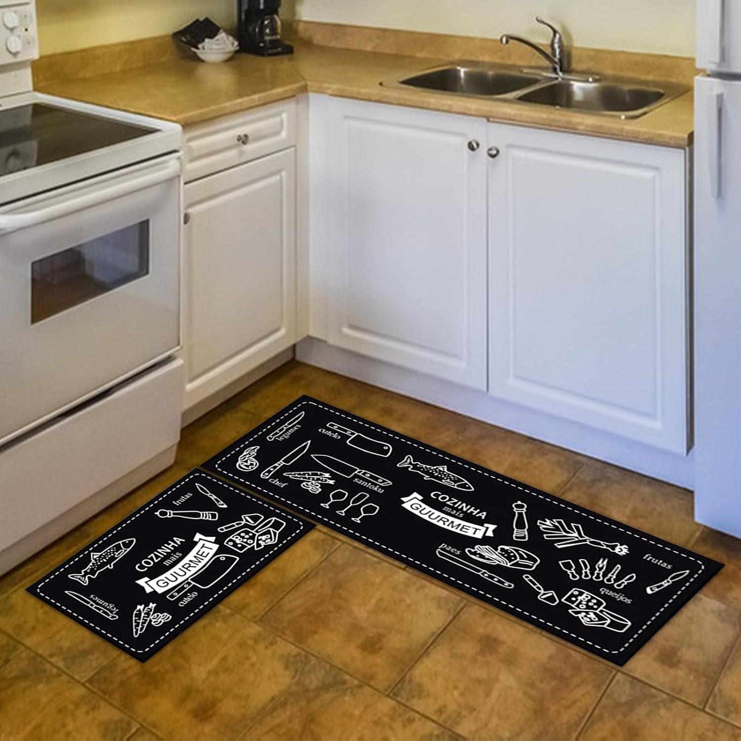Juego de 2 alfombras y tapetes de cocina, antideslizantes, acolchados, antifatiga, absorben el agua y el aceite, tapete para el hogar para cocina,
