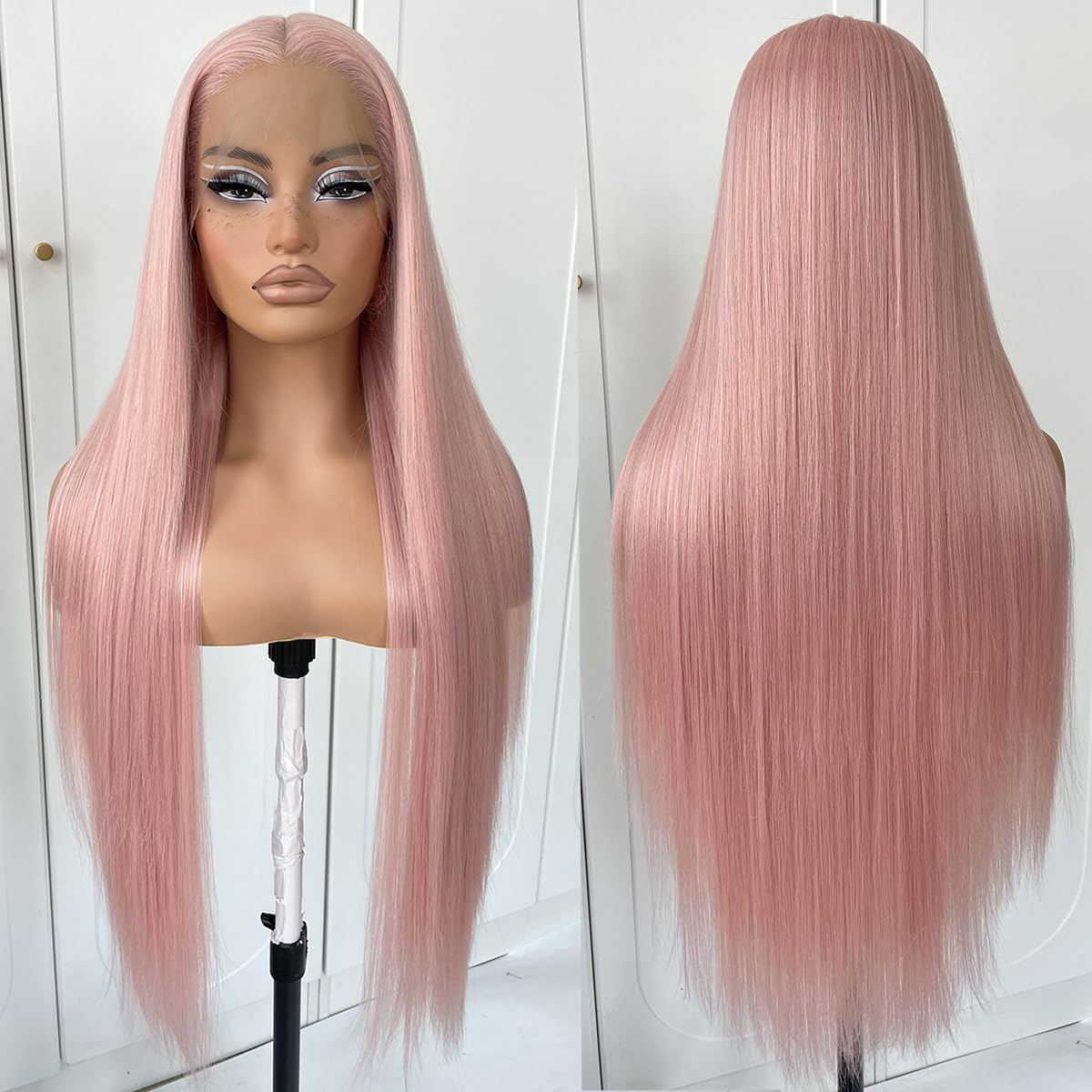 MITIMES Peluca rosa de 32 pulgadas  Peluca de encaje frontal de color rosa claro prearrancada sin pegamento sintética larga recta para mujer, peluca