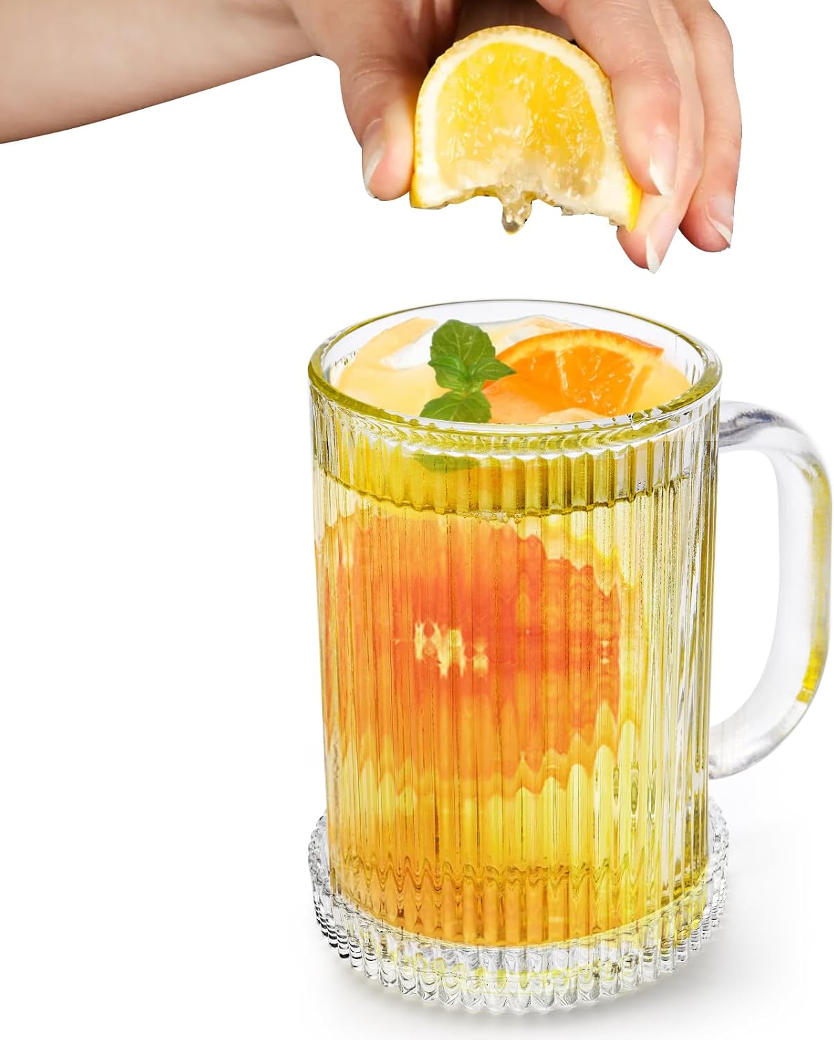 Noamus Paquete de 2 tazas de café con tapa de vidrio, taza de té de rayas verticales clásicas transparentes de 13 onzas, juego de cristalería