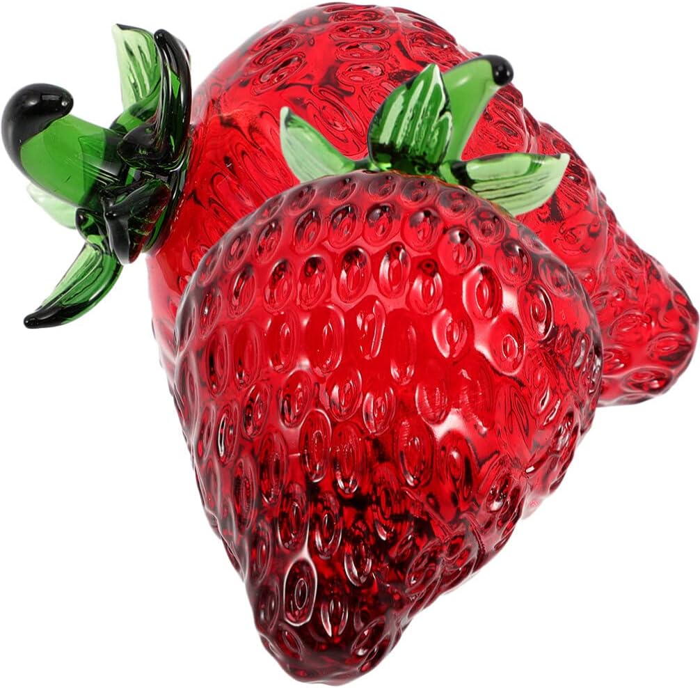 Beavorty Adorno de fresa de cristal soplado de fresa, 2 piezas, figura coleccionable de fresa, pisapapeles de vidrio de fruta, decoración de mesa de