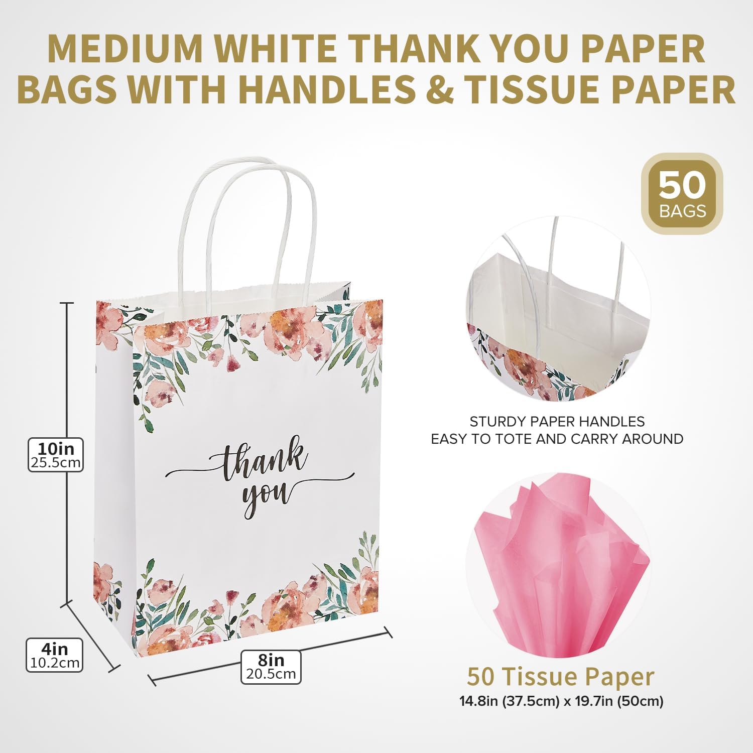 Paquete de 50 bolsas de regalo de papel de agradecimiento blancas y florales de primavera medianas con asas de 10 x 8 x 4 pulgadas y papel de seda
