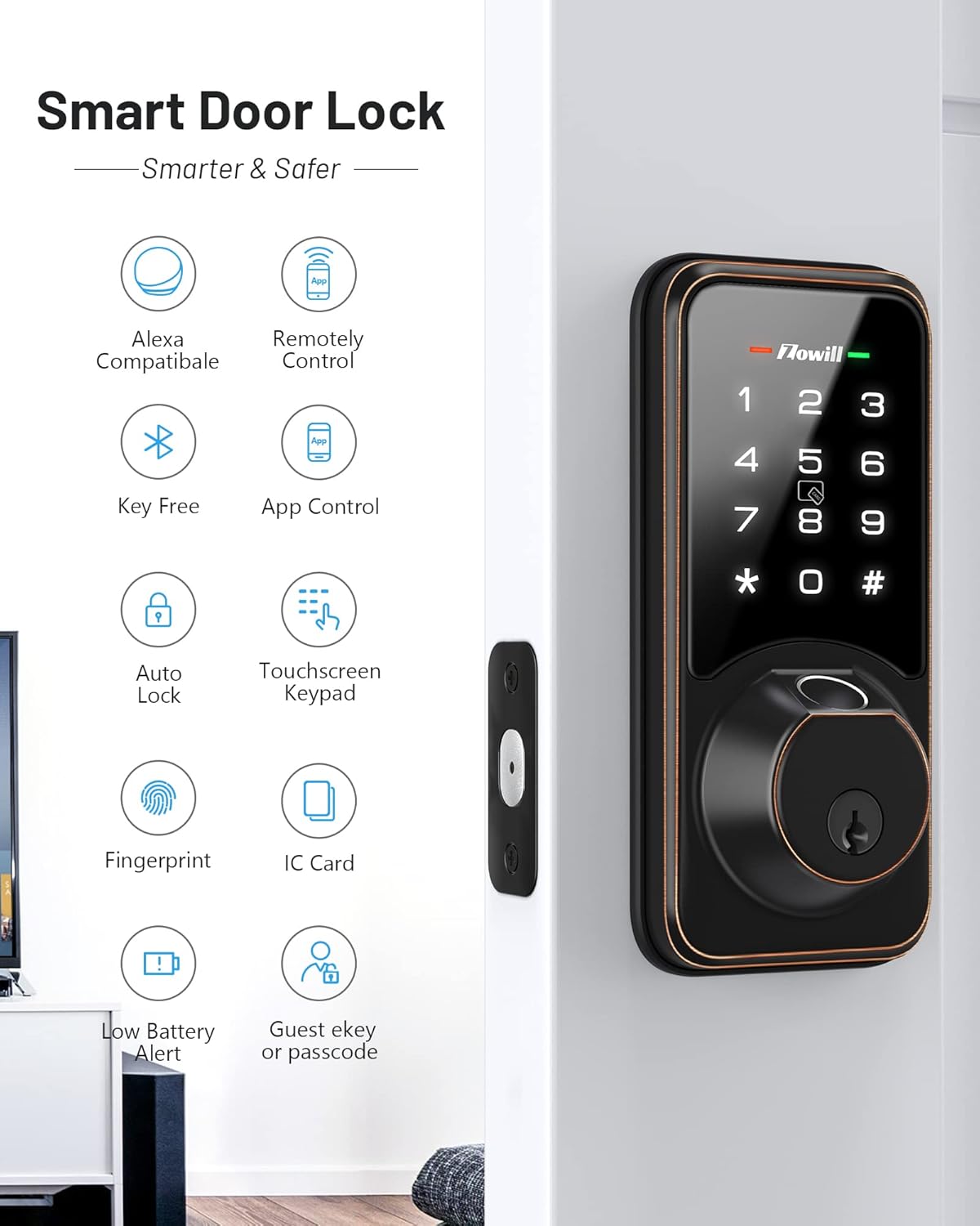 Zowill DK07G – Cerradura inteligente WiFi, cerradura de puerta de huellas dactilares con aplicación y control de voz, cerradura de puerta
