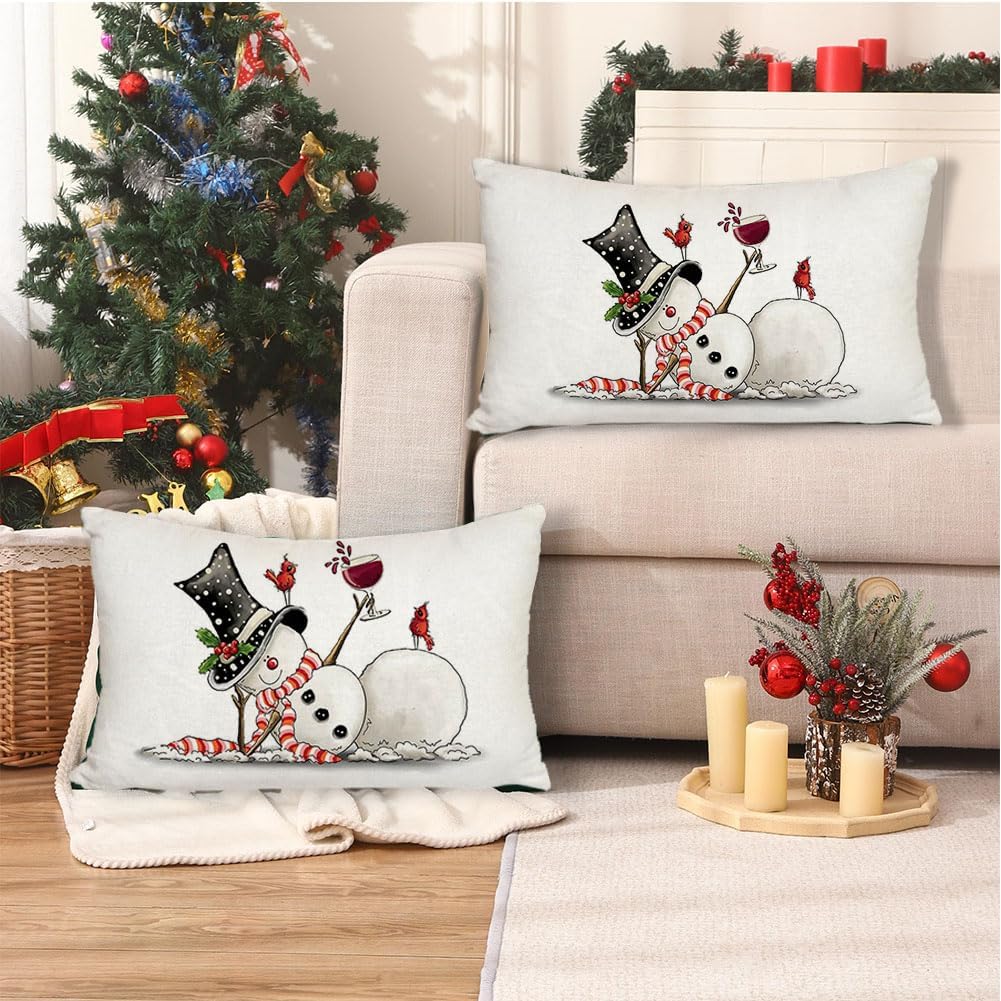 RABUSOFA Fundas de almohada de Navidad de 12 x 20 pulgadas, fundas de almohada de muñeco de nieve con letrero de alegría, fundas de cojín de