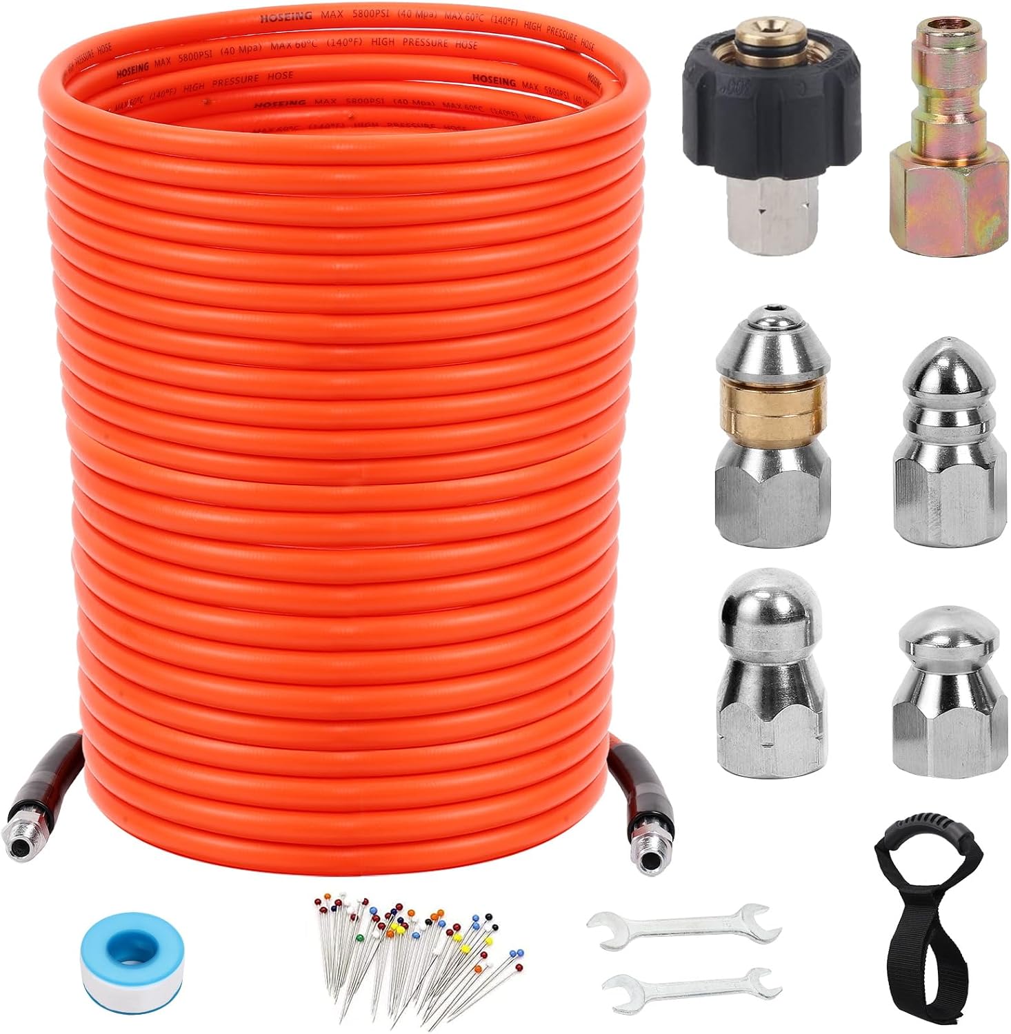 Kit de chorro de alcantarillado de 150 pies para lavadora a presión, manguera limpiadora de drenaje de chorro de agua de 5800 PSI, botón giratorio