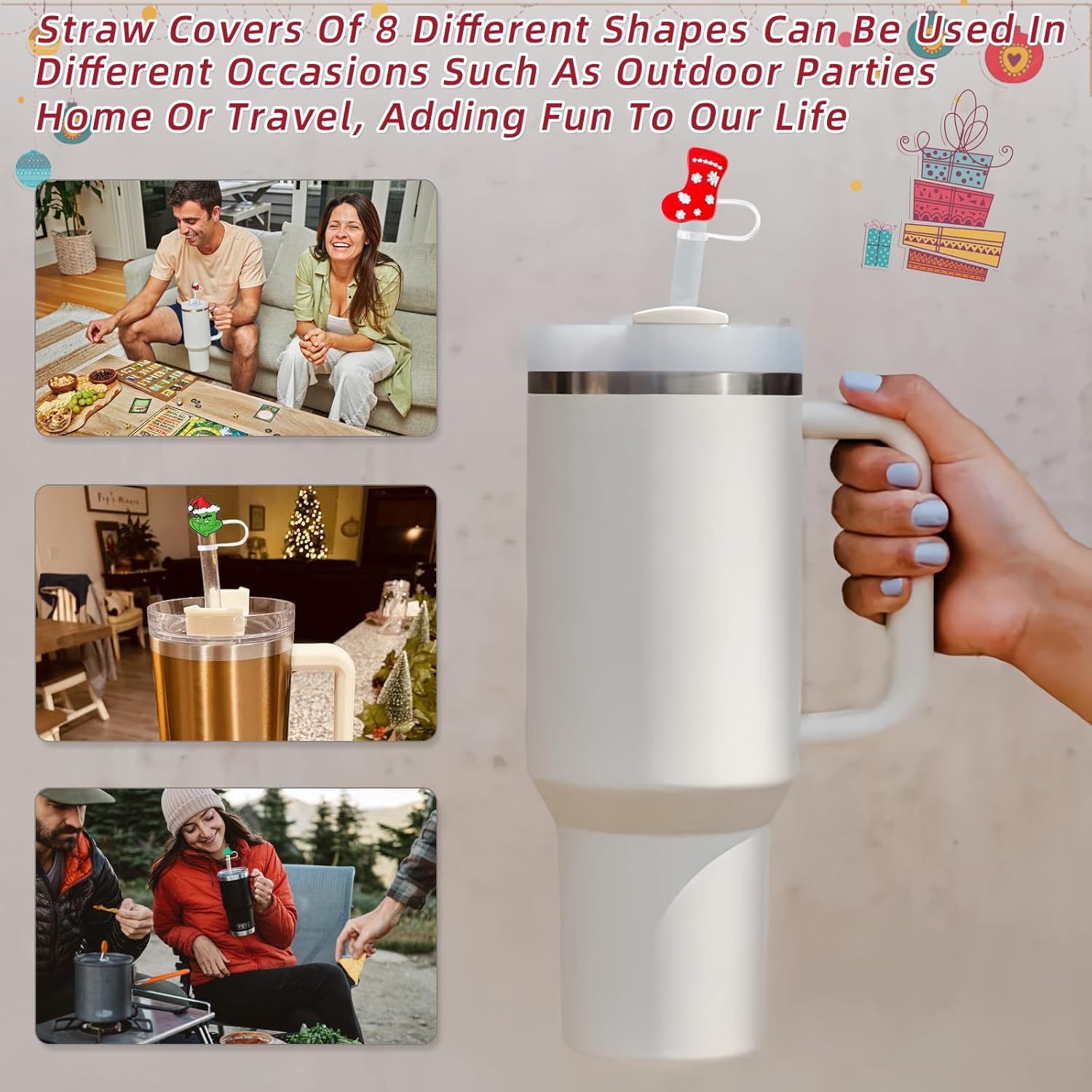 10 fundas de popote de silicona para vasos Stanley de 30 y 40 onzas, estilo navideño, tapa de paja de 0.394 in04 pulgadas, para todos los popotes de