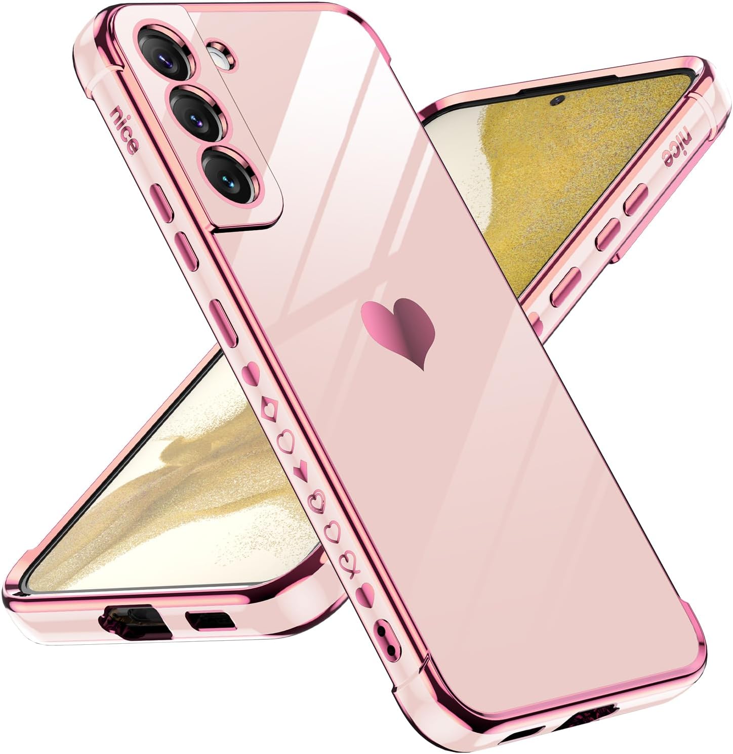 LeYi Funda para Samsung Galaxy S22 protección completa de la lente de la cámara, diseño de corazón chapado en corazón femenino lindo de lujo TPU