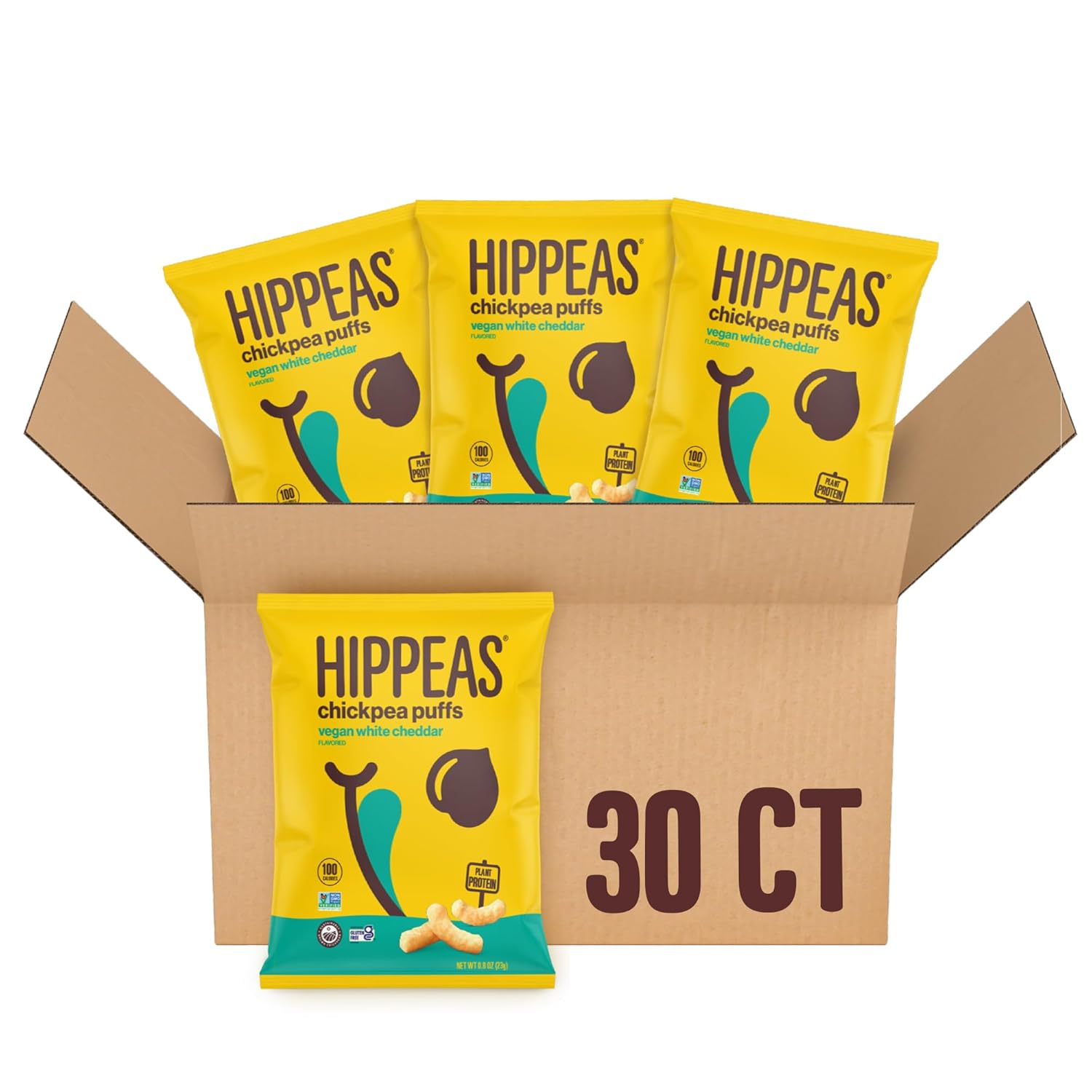 Hippeas Chickpea Puffs, Cheddar blanco vegano, 0.8 onzas (paquete de 30), 0.11 onzas de proteína, 0.07 oz de fibra, vegano, sin gluten, crujientes,