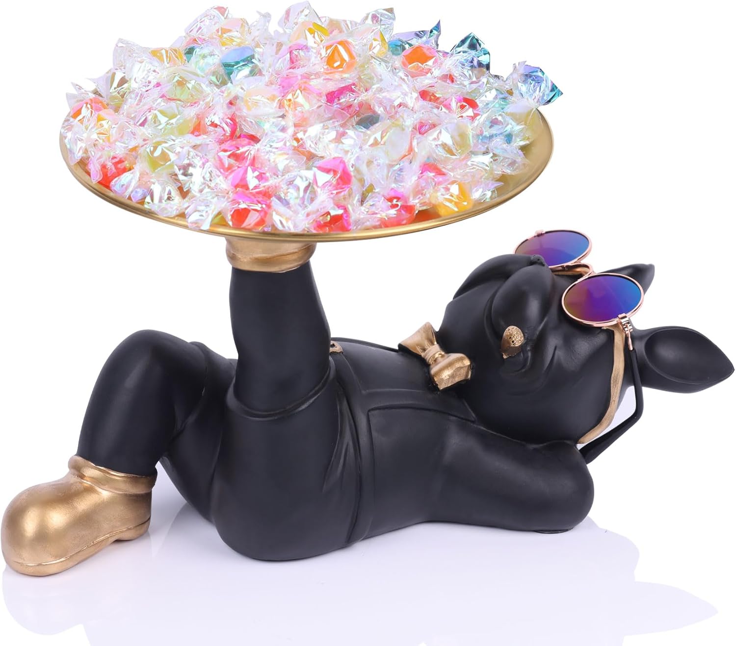 Estatua de bulldog francés negro  Bandeja de bulldog para dulces y soporte para llaves, almacenamiento de joyas, ideal para decoración moderna del