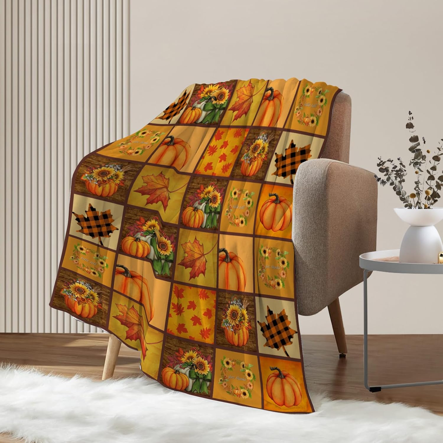 Neatee Living Manta decorativa de otoño, a cuadros, Acción de Gracias, con hojas de calabaza, para sofá, cama, al aire libre, ligera, mullida,