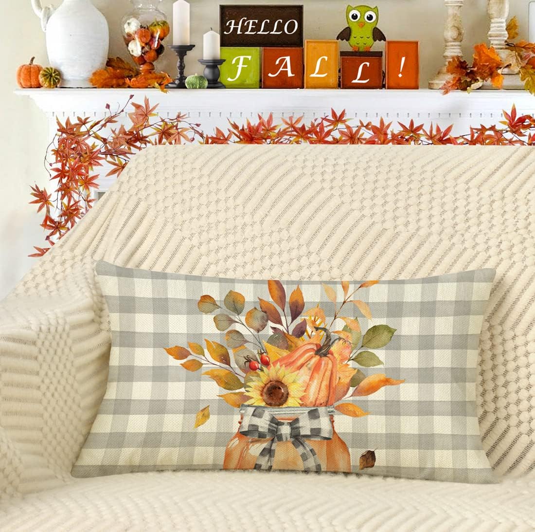 4TH Emotion Funda de almohada lumbar con tarro de hojas de otoño de 12 x 20 pulgadas, decoración de granja de búfalo, calabaza naranja, decoración