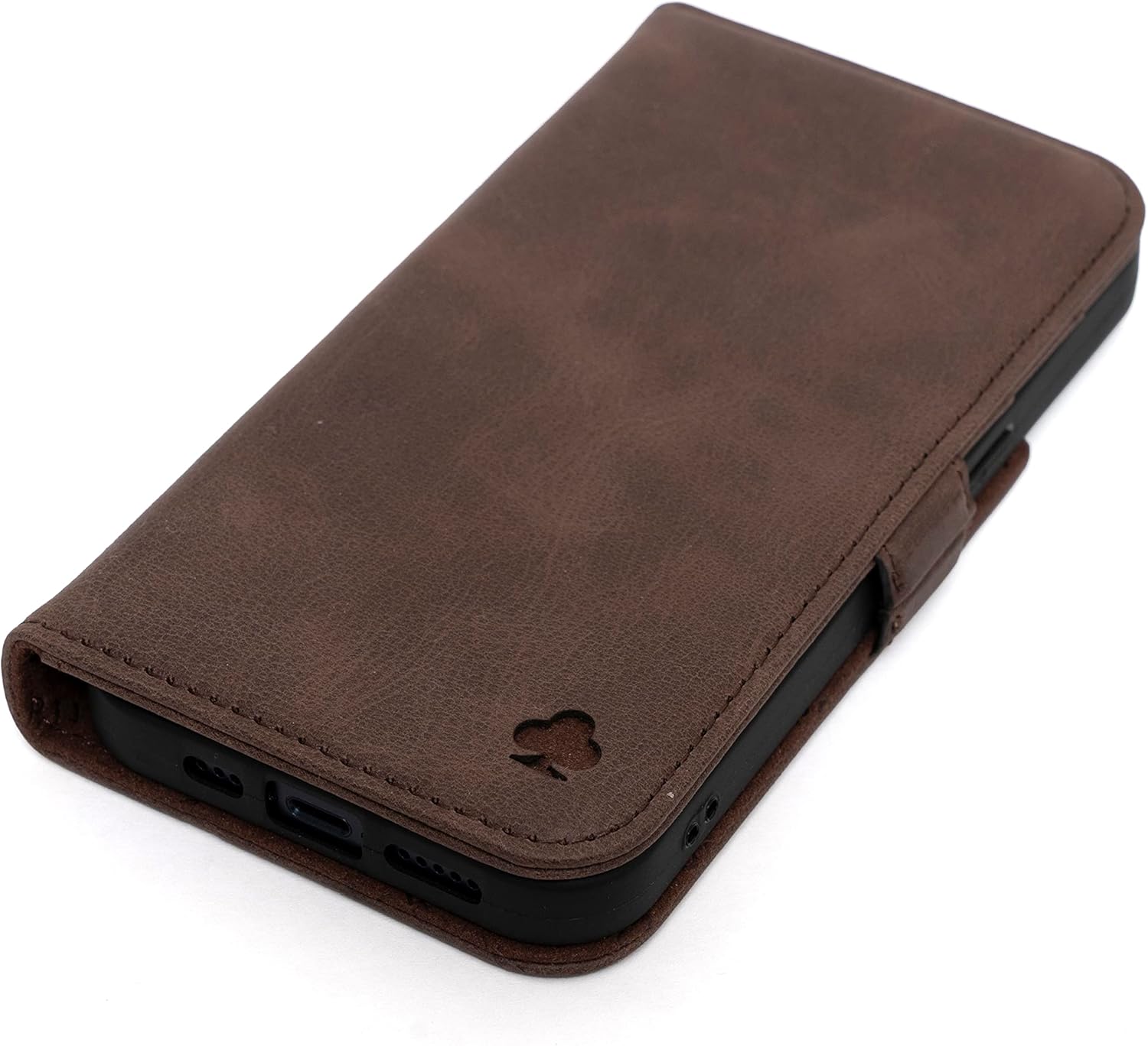 Porter Riley – Funda de cuero para iPhone 15 Pro Max. Funda de cuero genuino premium con ranuras para tarjetas y soporte horizontal (marrón