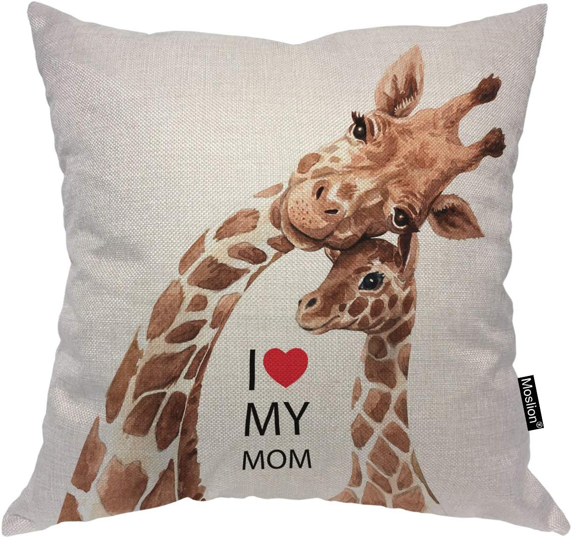 Moslion Giraffe Throw Pillow Cover with I Love My Mom Inspirational Quote Lettering Heart Safari Animal Square Pillow Case Cushion Cover for Home