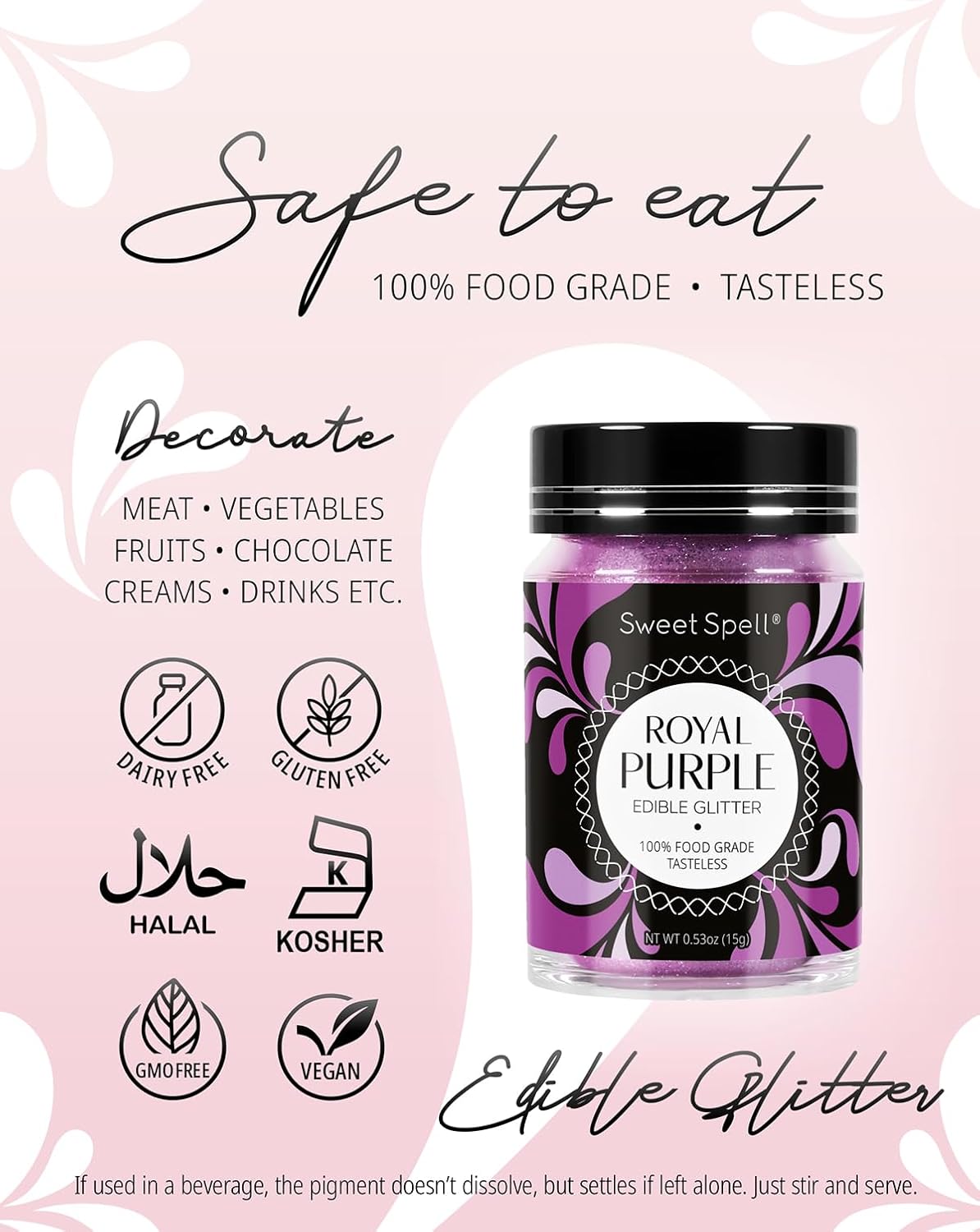 Sweet Spell Purpurina comestible (0.53 oz)  Polvo brillante para bebidas, pasteles, cócteles, chispas, 100% comestible y de grado alimenticio,