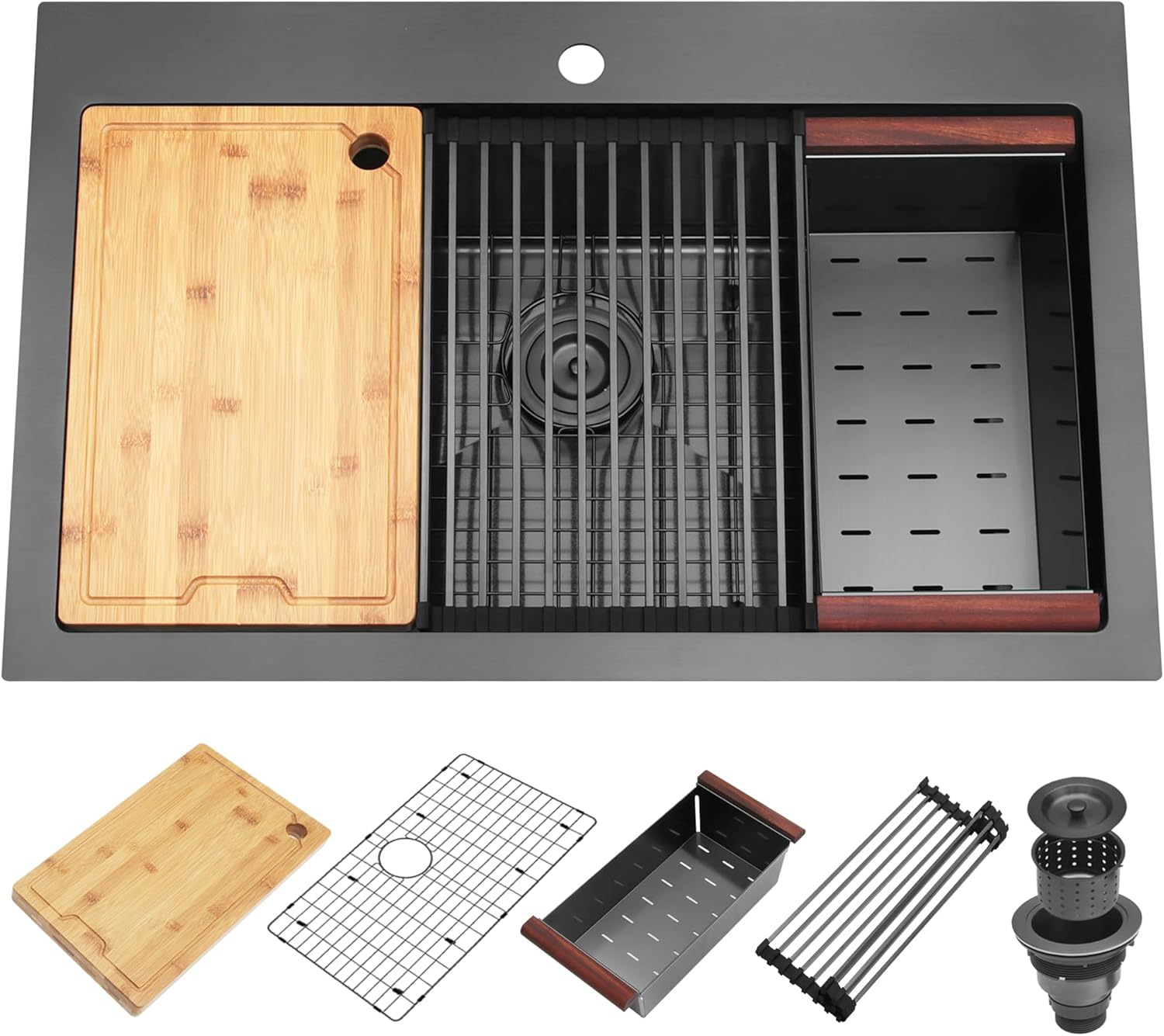 MONSINTA Fregadero de cocina, fregadero de cocina negro de 33 x 22 pulgadas, fregadero de cocina de acero inoxidable, fregadero de cocina de un solo