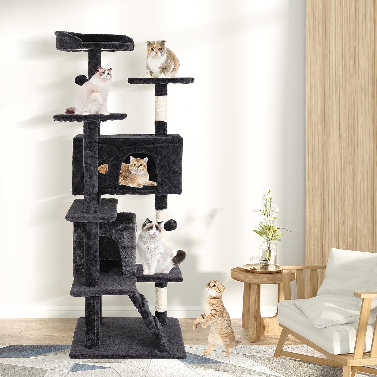 Torre de árbol para gatos de 70 pulgadas para gatos de interior, muebles de condominio para gatos de varios niveles con poste rascador de sisal, 3