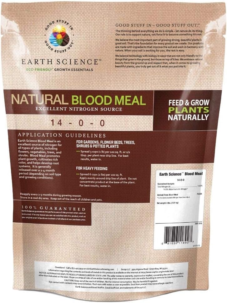Earth Science Alimento natural para plantas de harina de sangre – Alimenta y cultiva plantas naturalmente – Activa pilas de abono – Color vibrante –