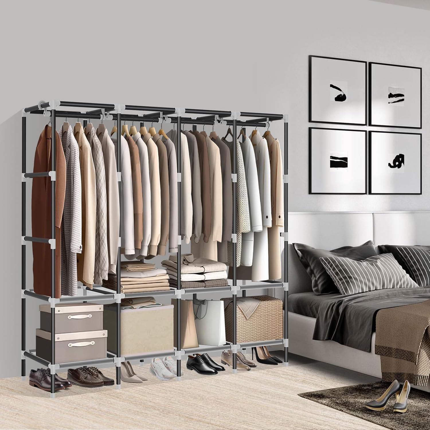 LOKEME Armario portátil negro con cremalleras, 65.4 pulgadas 0.748 in de diámetro, armarios portátiles para colgar ropa, con 4 brazos y armarios de