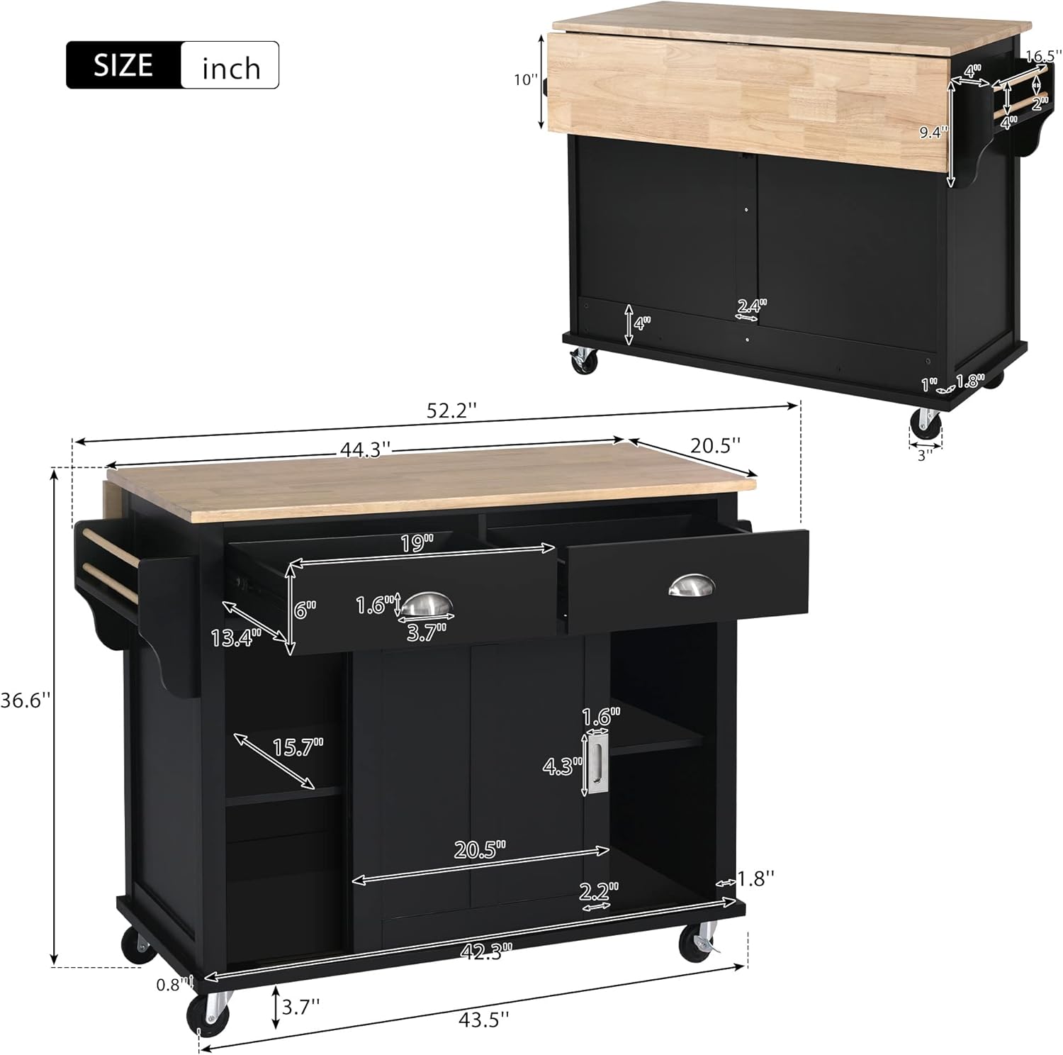 Carrito de cocina con encimera de madera de goma y puerta corrediza de granero, isla de cocina móvil rodante sobre ruedas con almacenamiento y