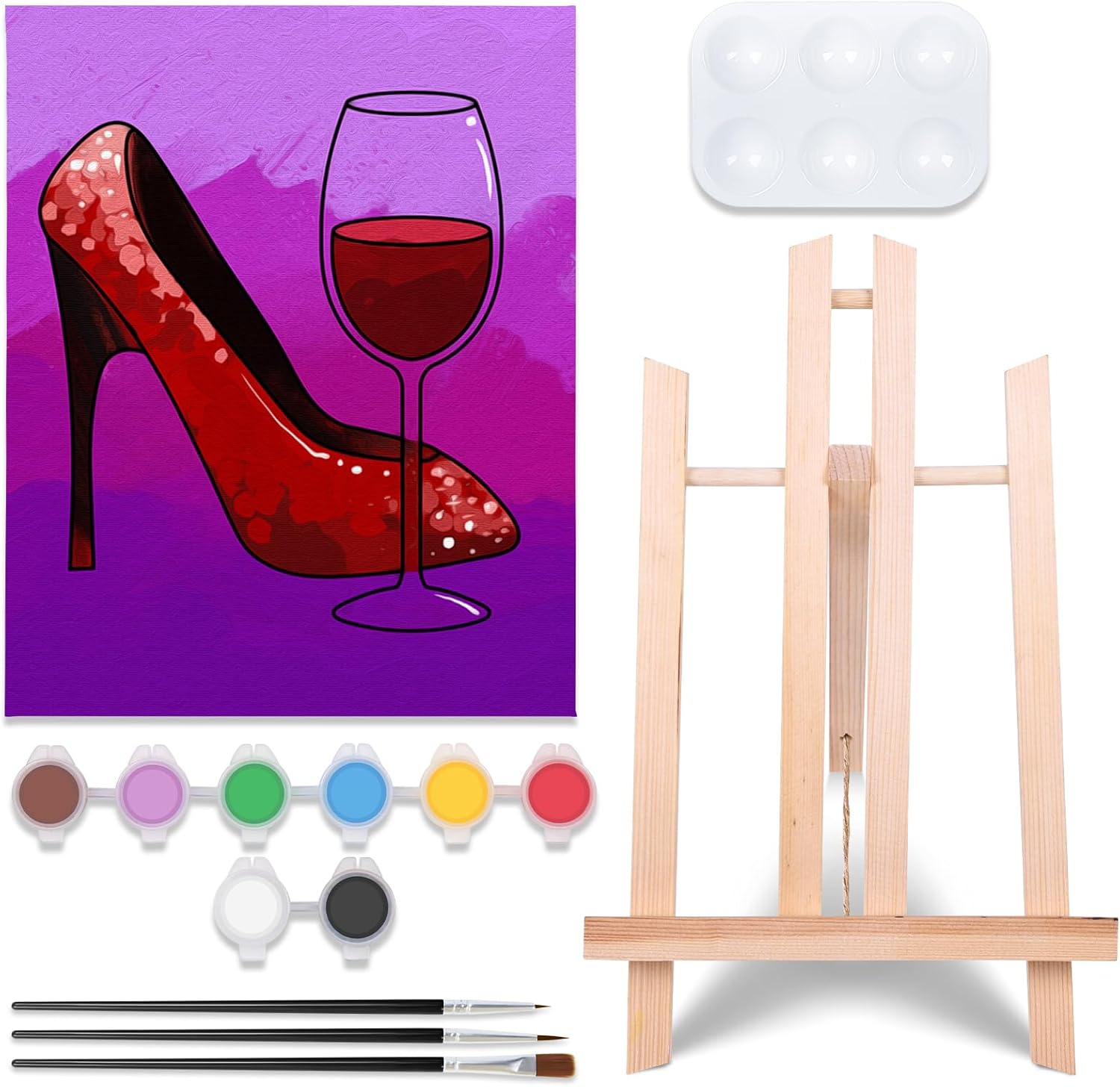 VOCHIC Kit de pintura y sorbo Kit de pintura en lienzo predibujado para adultos, kit de suministros de fiesta con imagen para pintar, 1 caballete, 8
