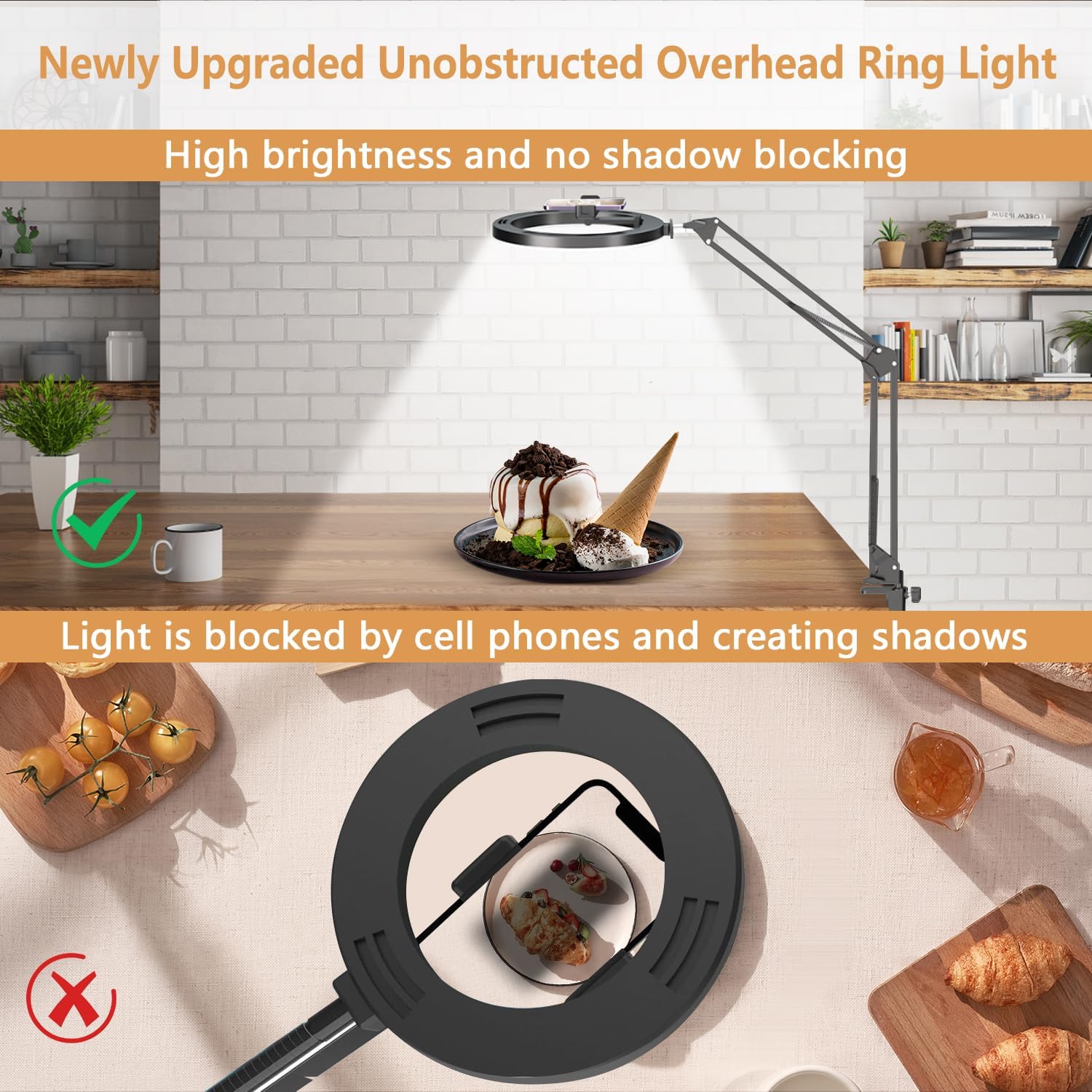 yAyusi Soporte de teléfono superior con anillo de luz, anillo de luz LED de 10 pulgadas para escritorio, brazo articulado flexible para cámara con
