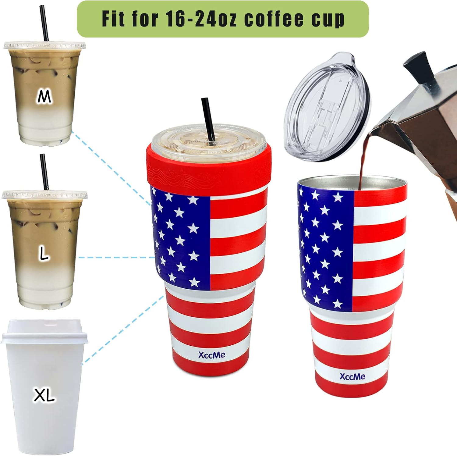 XccMe Funda de acero inoxidable para café helado, vaso aislado de acero inoxidable de 30 onzas con tapa, mangas de doble pared para bebidas frías,