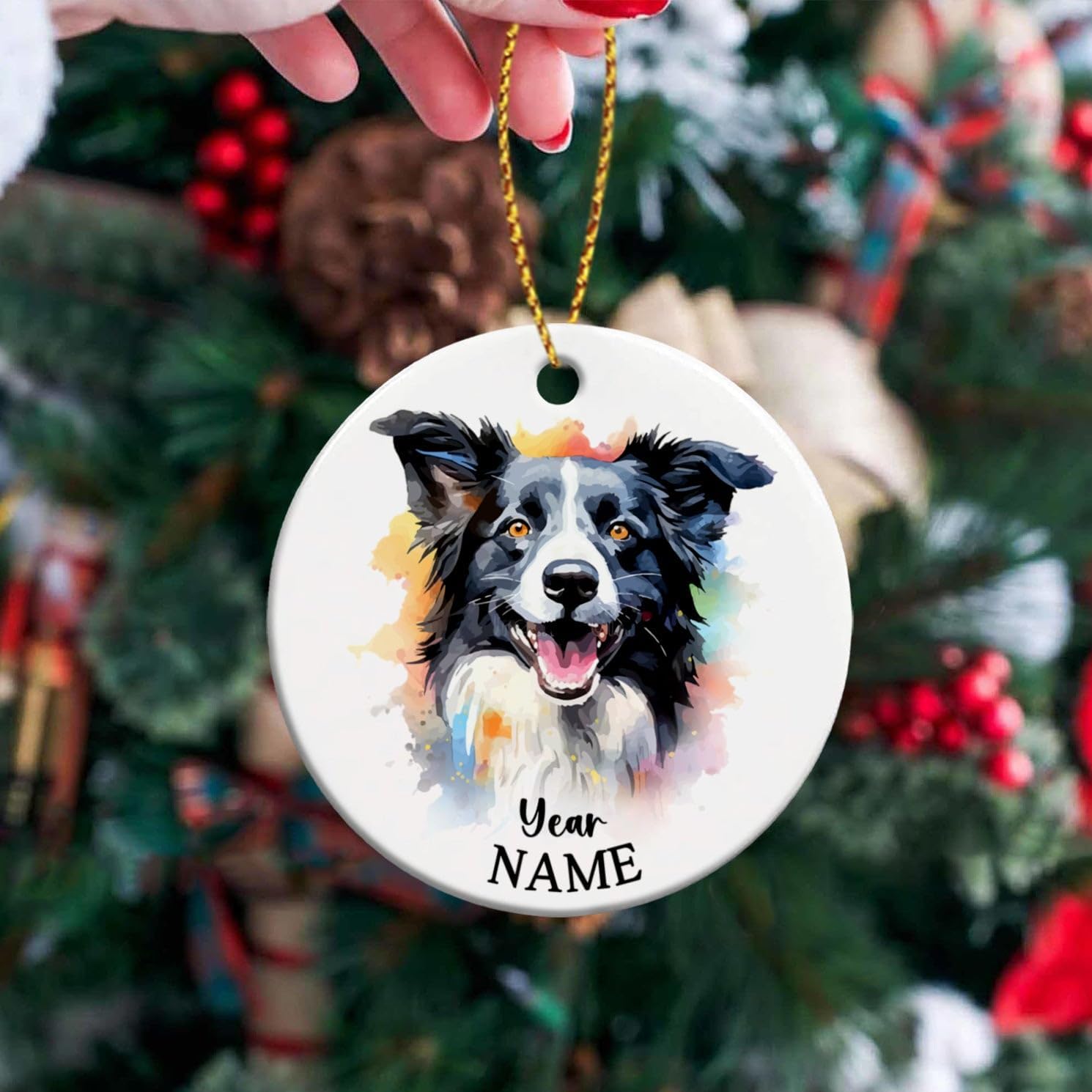 Adorno personalizado de cerámica para perro Border Collie, adorno personalizado para primera Navidad para perro con nombre y año, adorno de Navidad